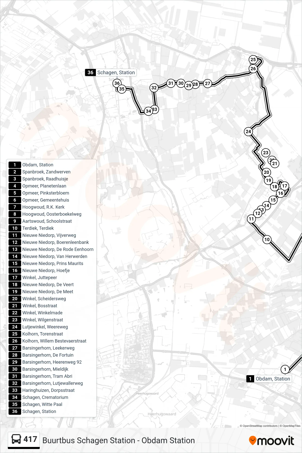 Lijn 417 (bus, Schagen Station): route en haltes op de kaart