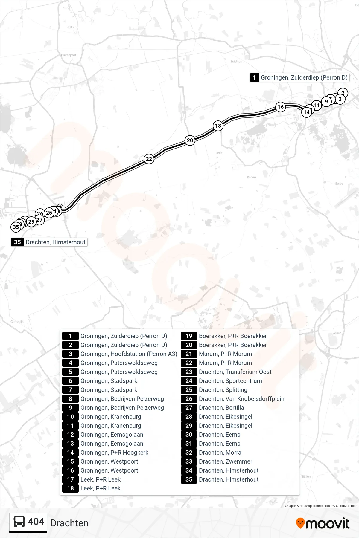 Lijn 404 (bus, Drachten): route en haltes op de kaart