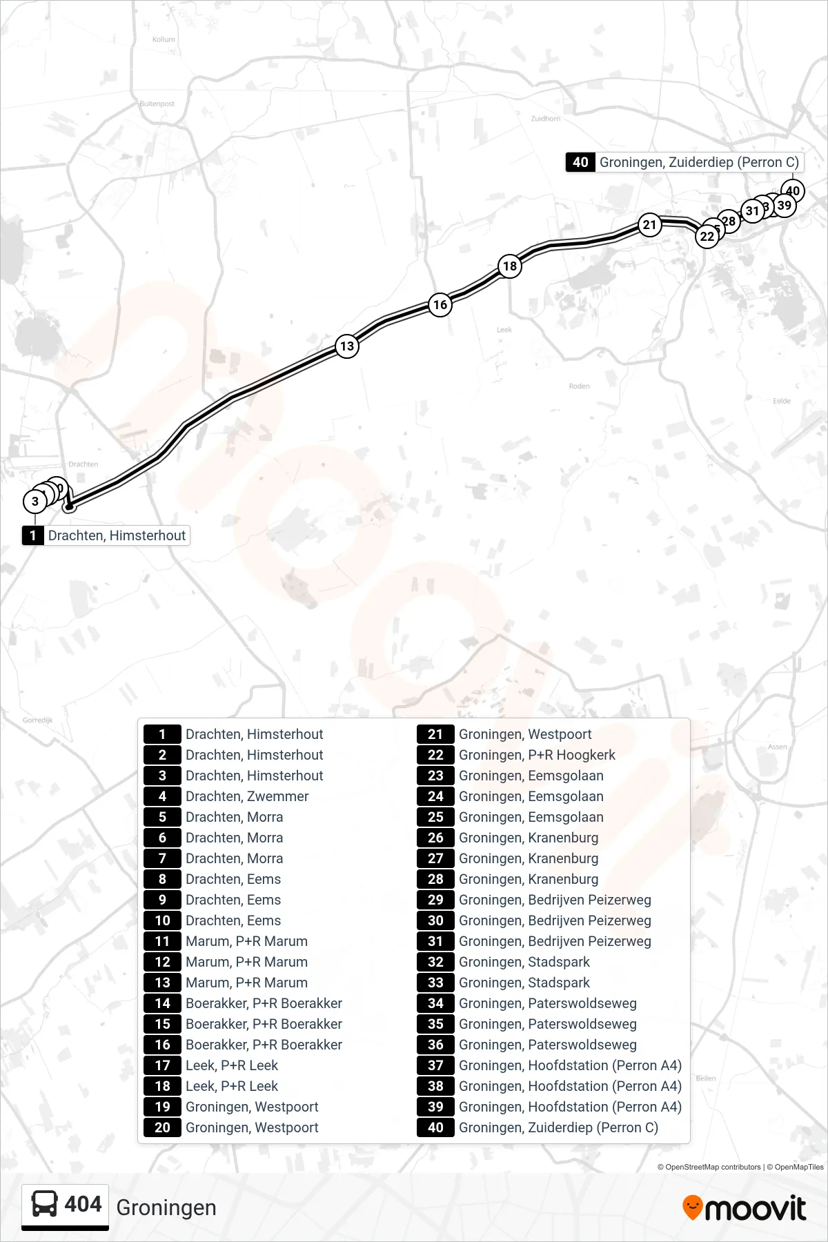 Lijn 404 (bus, Groningen): route en haltes op de kaart