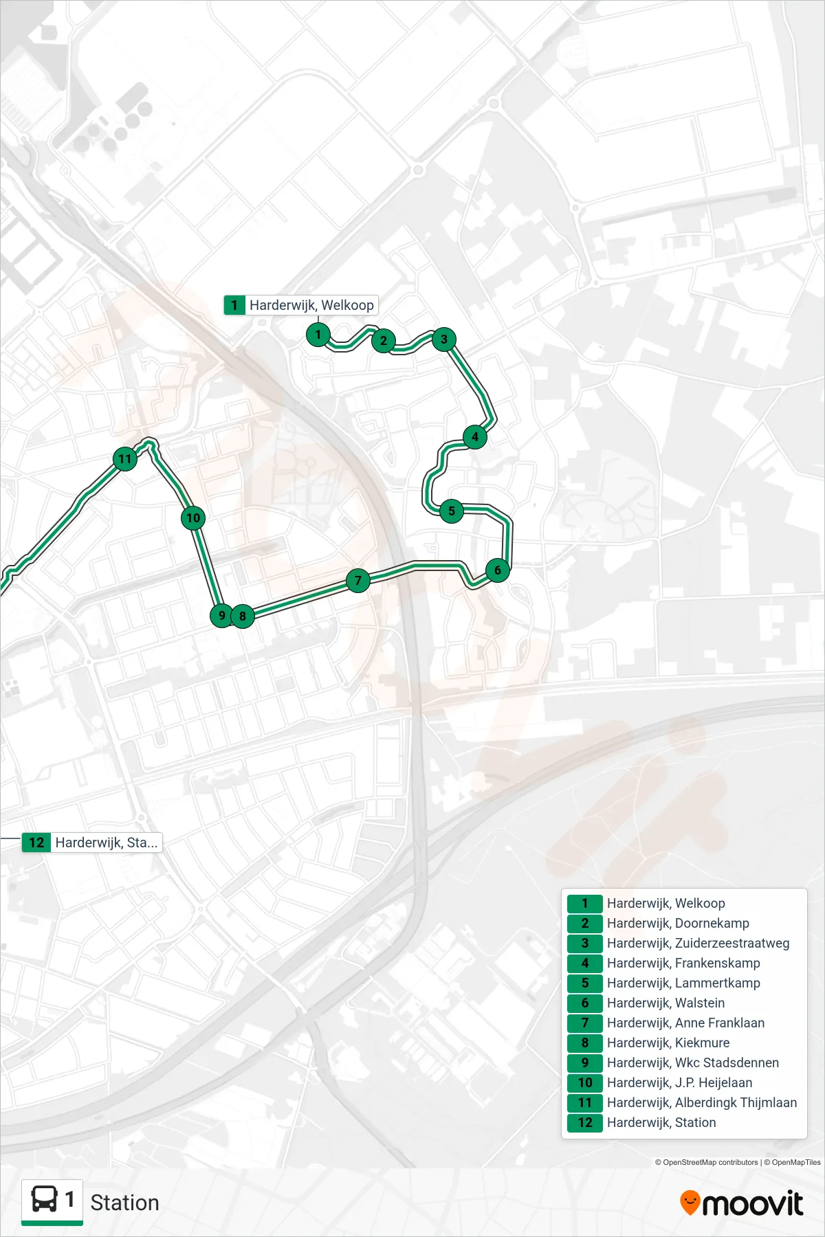 Lijn 1 (bus, Station): route en haltes op de kaart