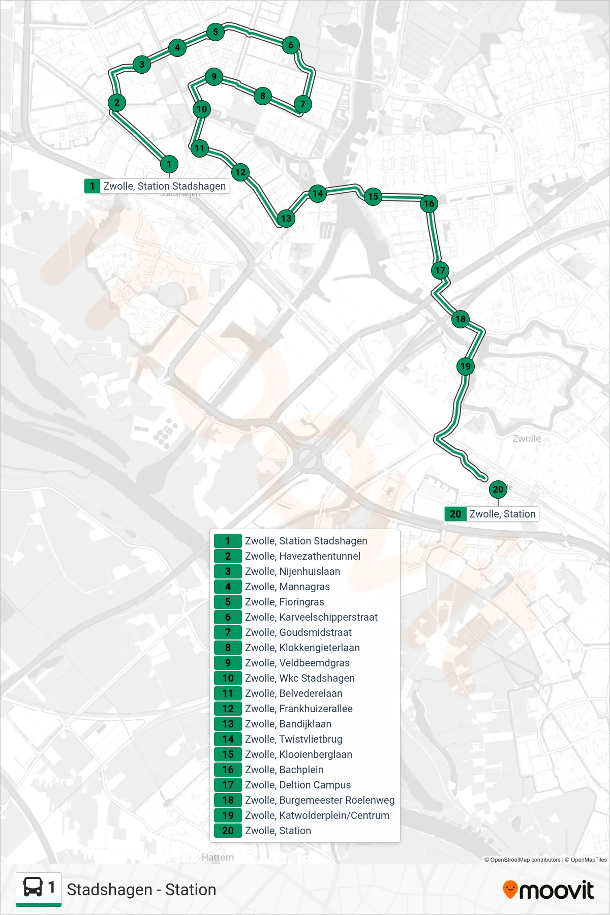 Lijn 1 (bus, Station): route en haltes op de kaart