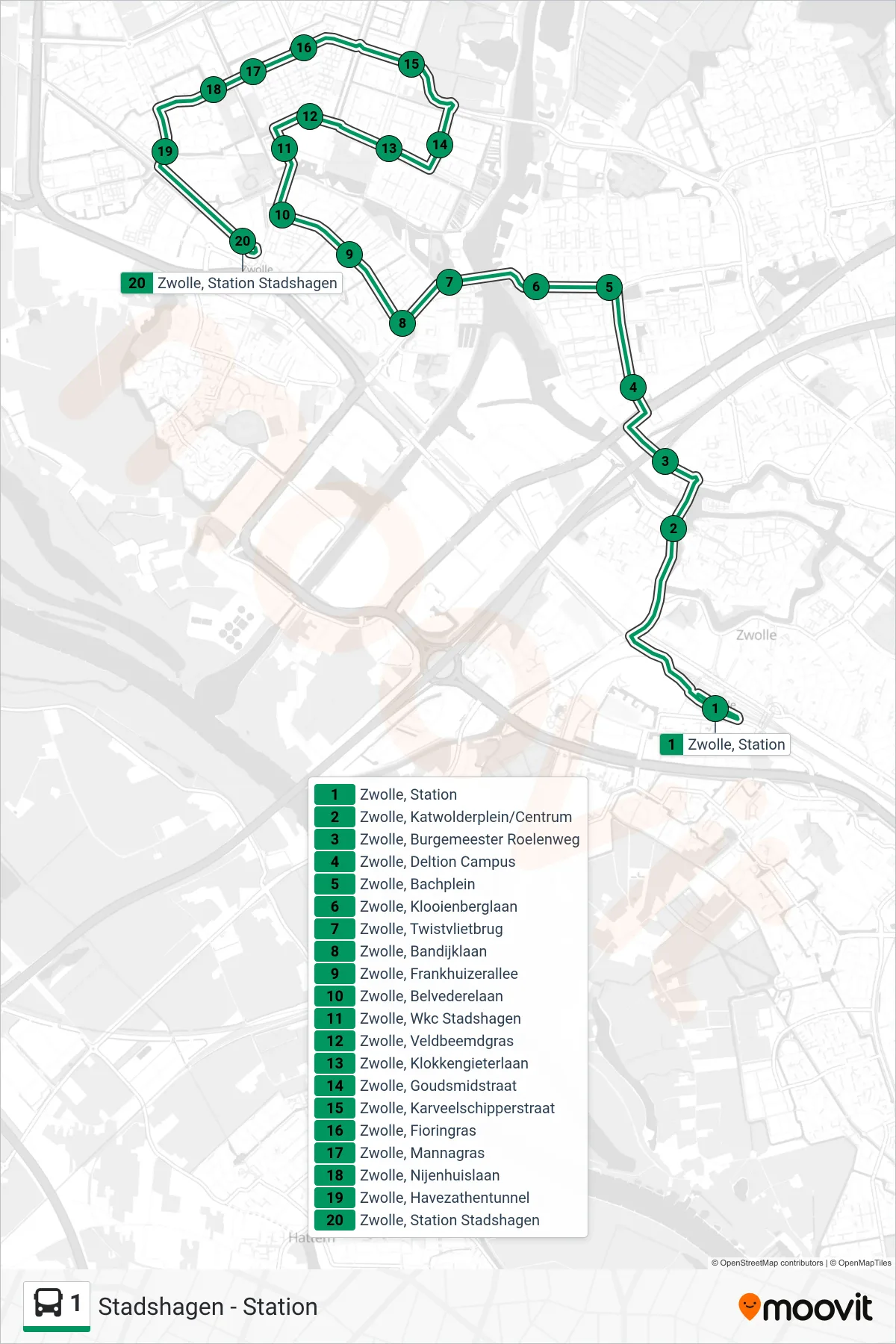Lijn 1 (bus, Stadshagen): route en haltes op de kaart