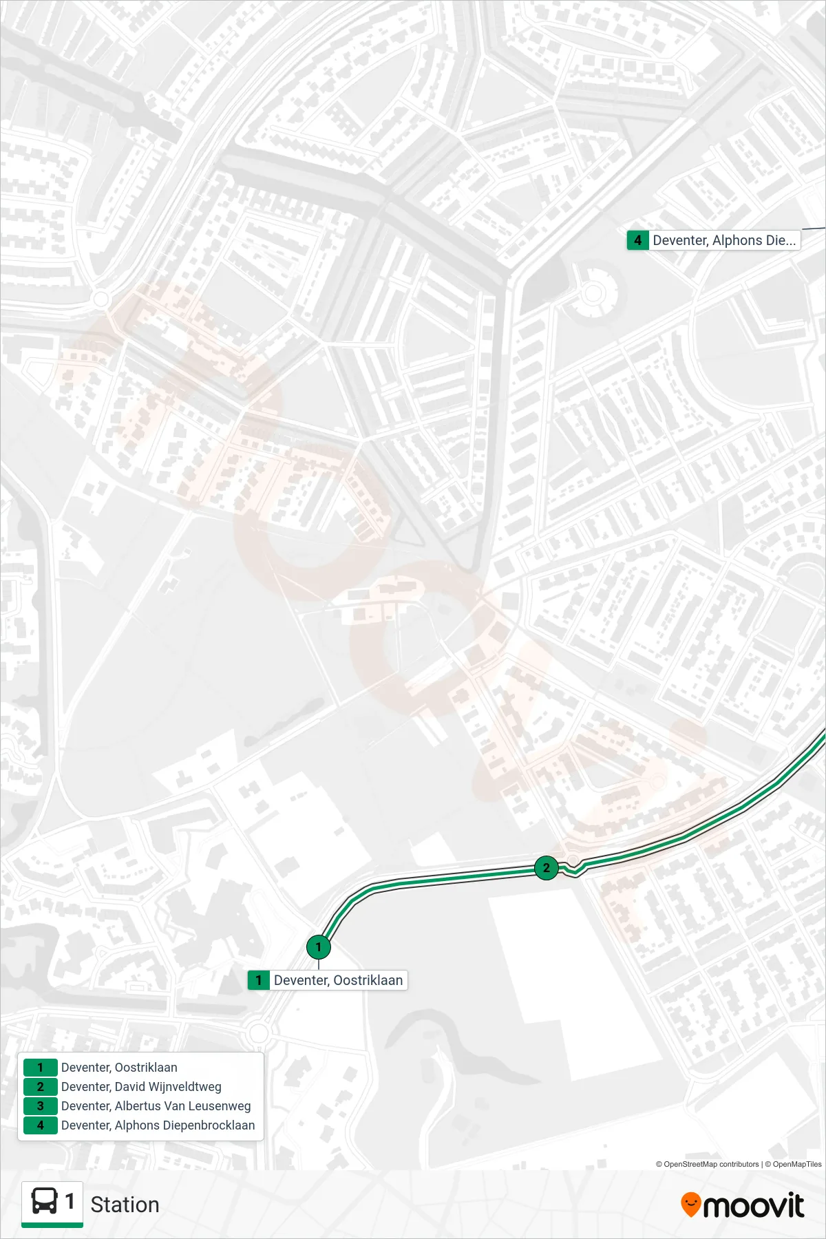 1 bus Line (Station) route and stops on a map