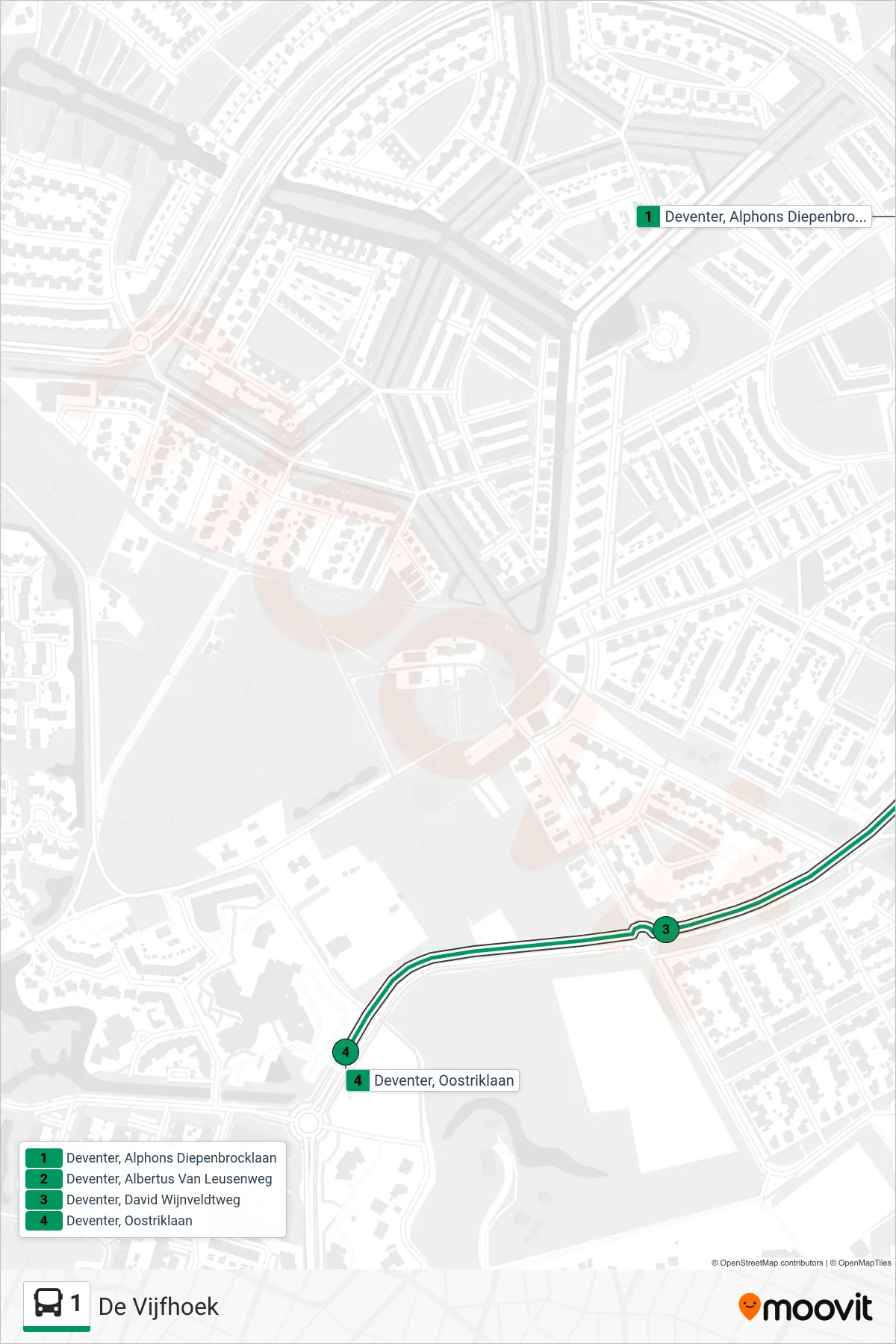 Lijn 1 (bus, De Vijfhoek): route en haltes op de kaart