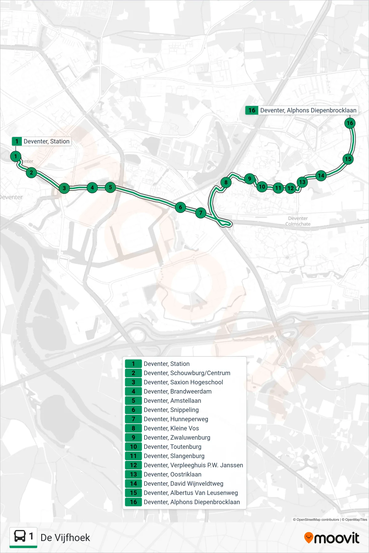 1 bus Line (De Vijfhoek) route and stops on a map