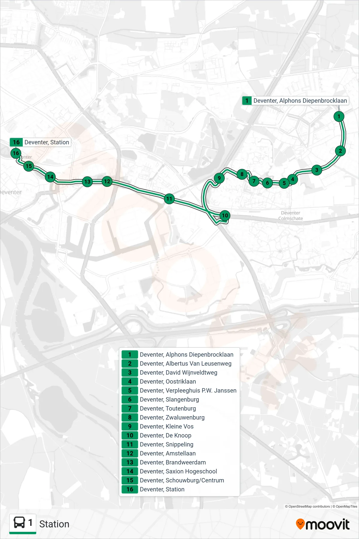 Lijn 1 (bus, Station): route en haltes op de kaart