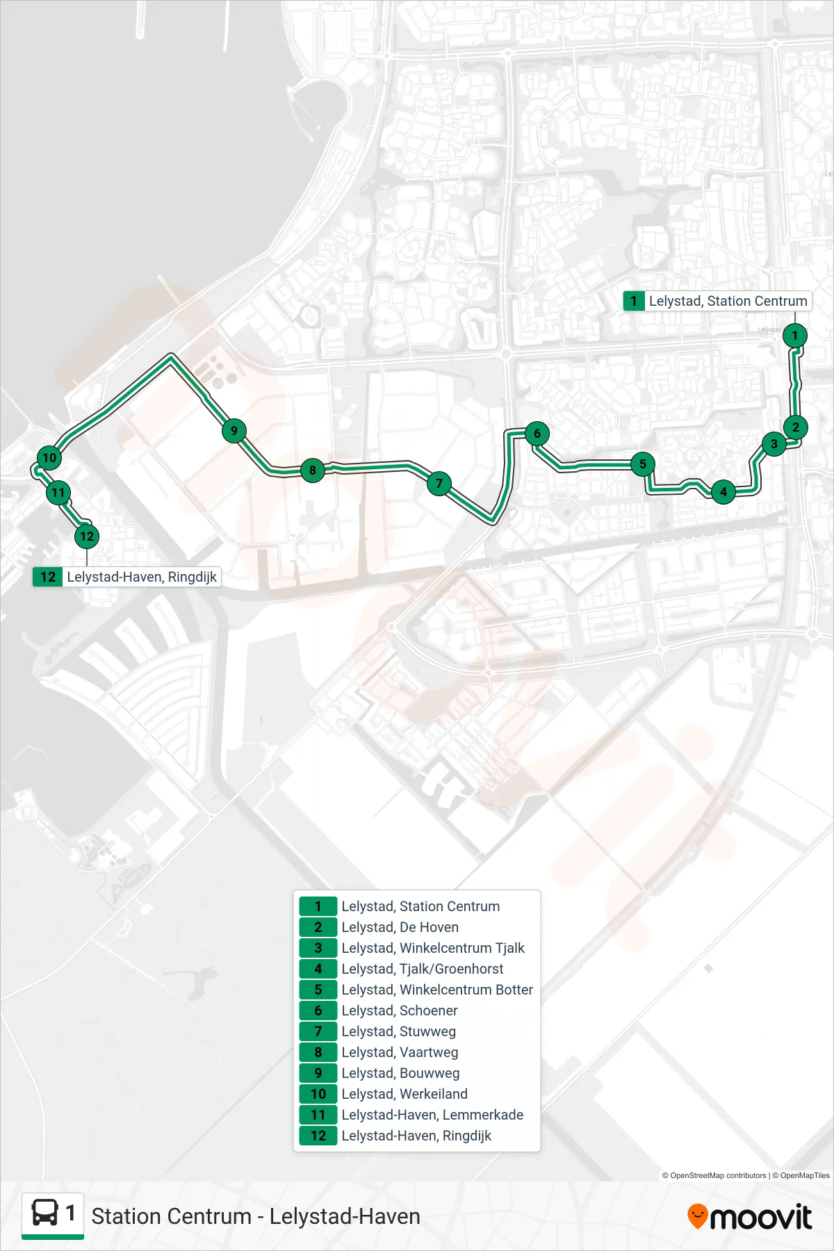 Lijn 1 (bus, Lelystad Haven): route en haltes op de kaart