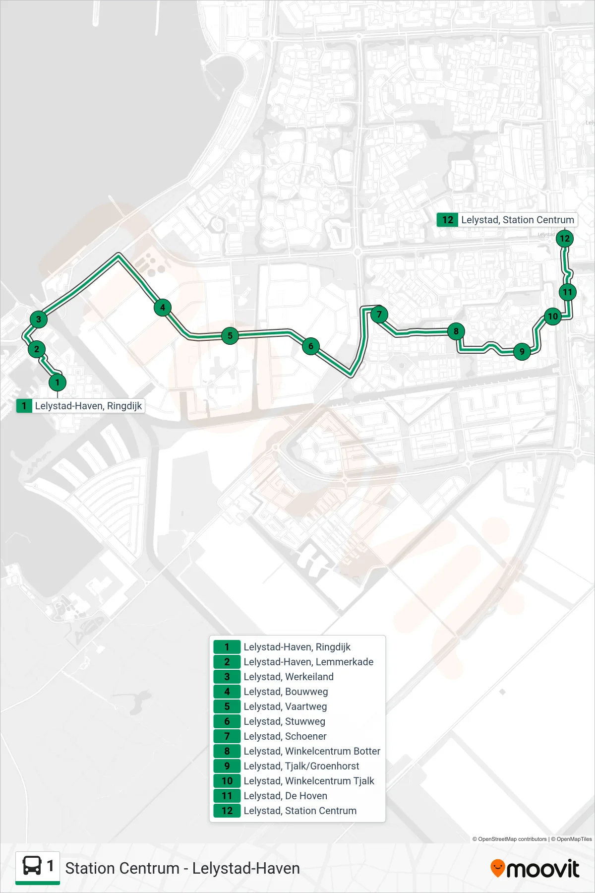 Lijn 1 (bus, Station Centrum): route en haltes op de kaart