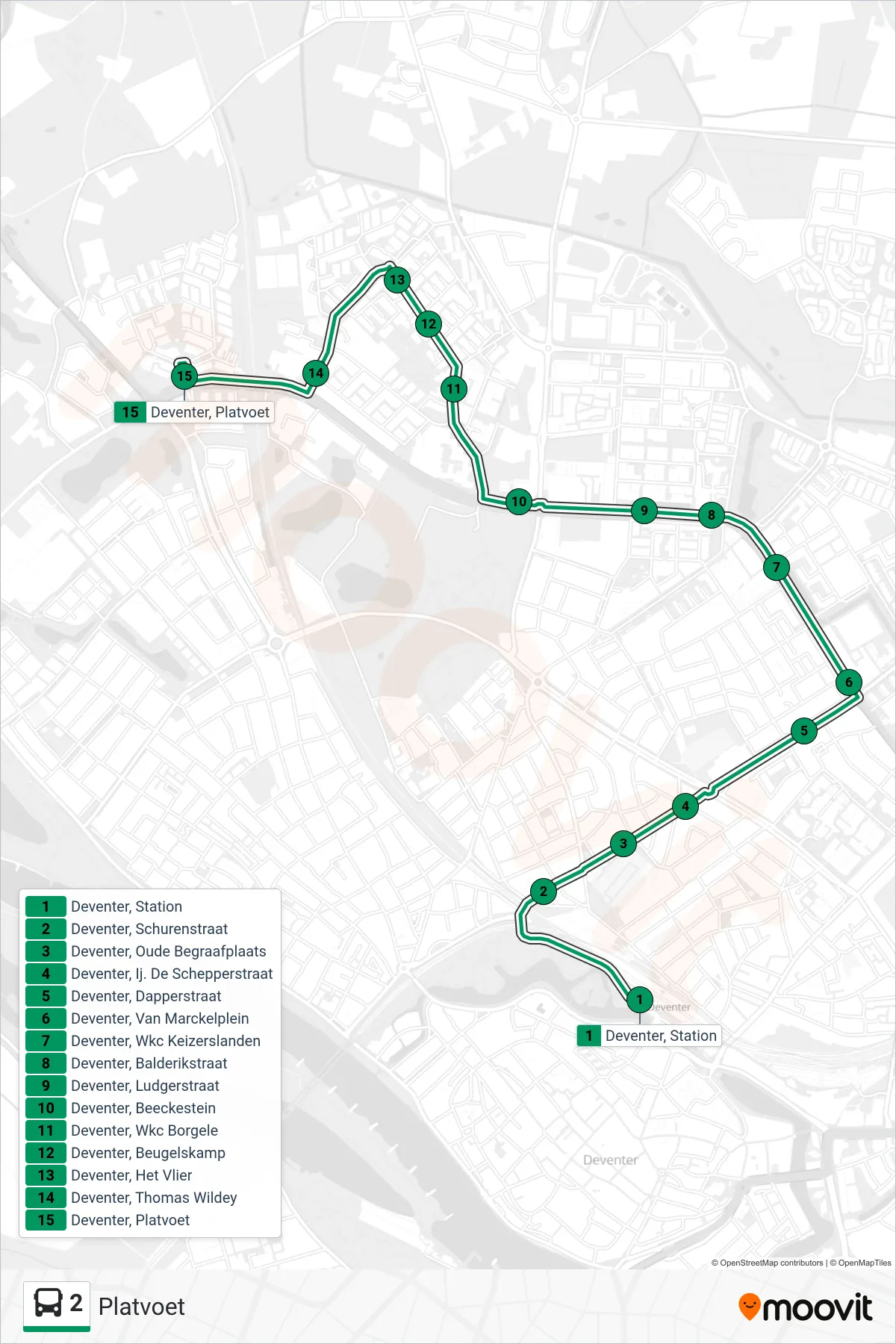 Lijn 2 (bus, Platvoet): route en haltes op de kaart