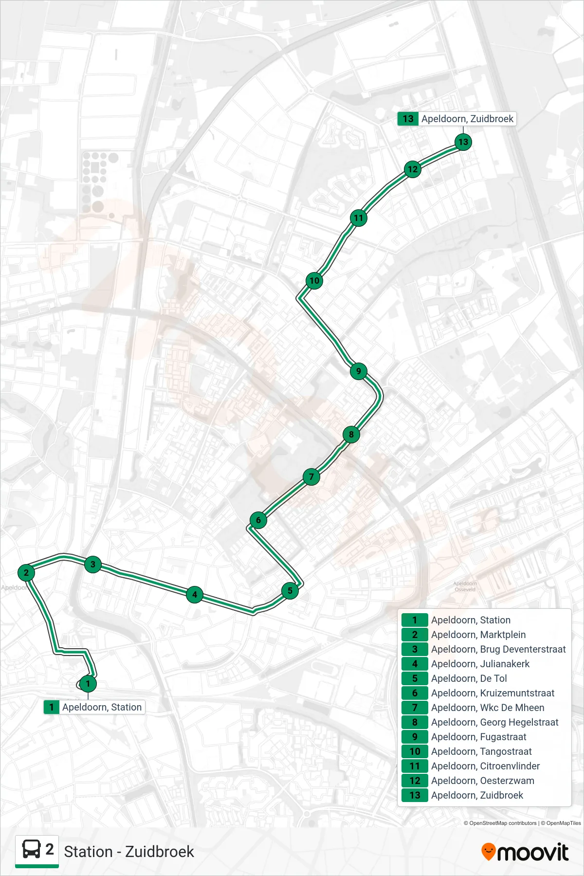 2 bus Line (Zuidbroek) route and stops on a map