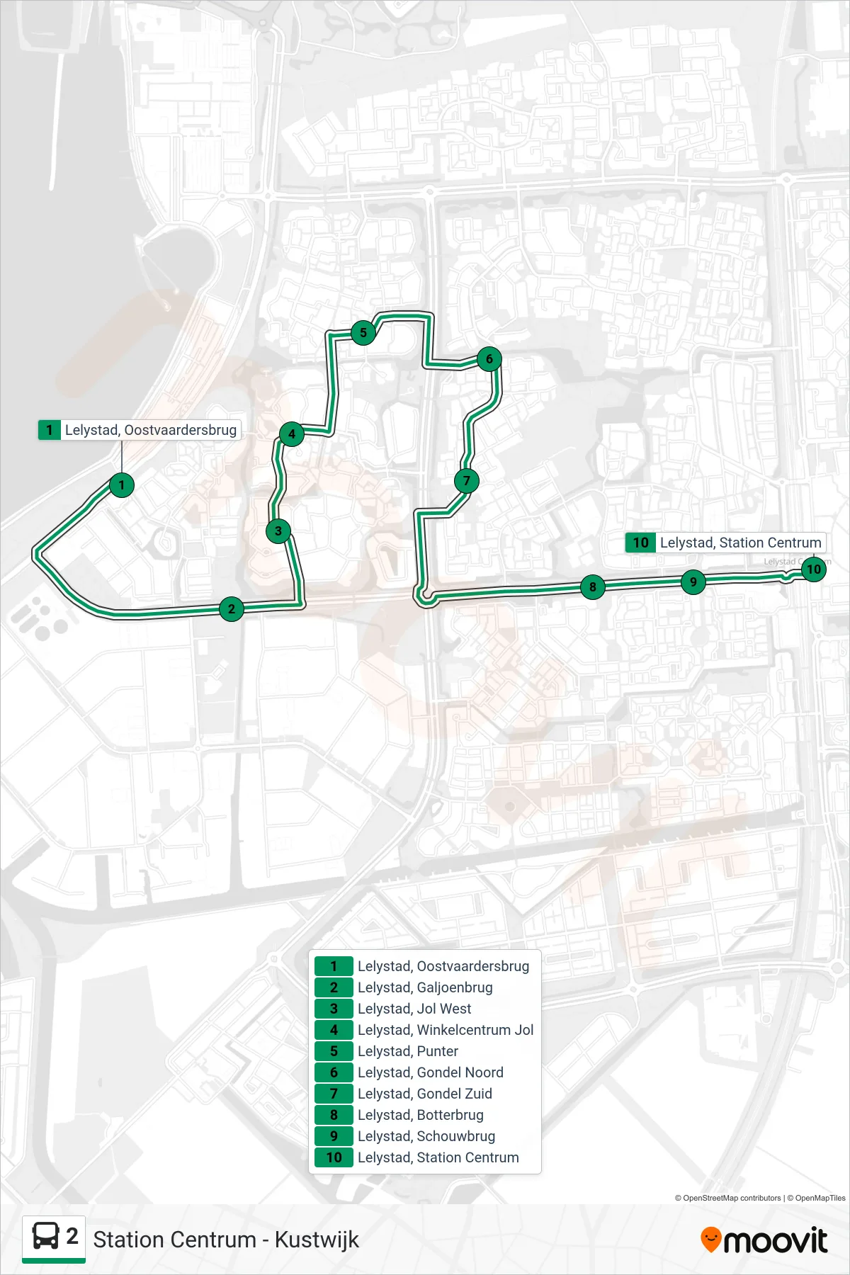 2 bus Line (Station Centrum) route and stops on a map