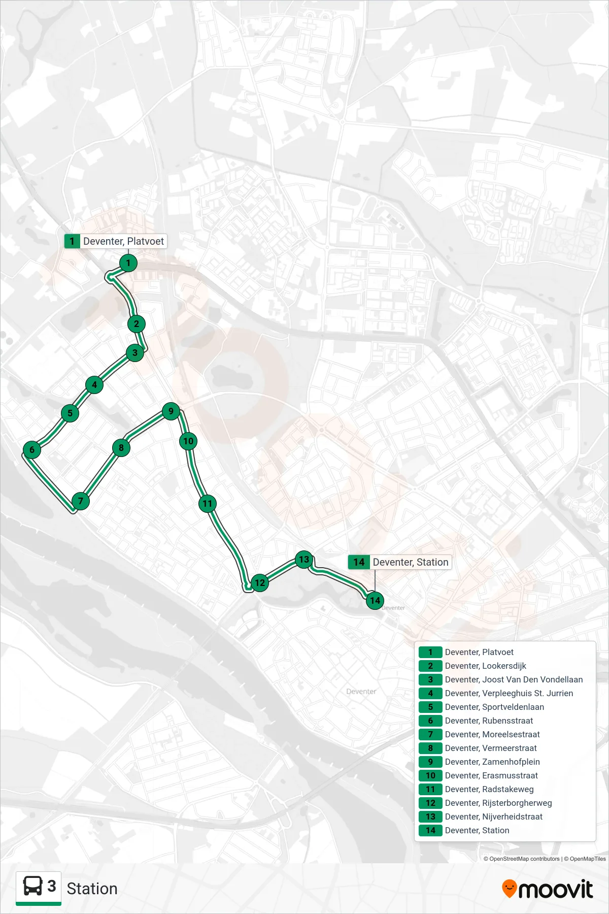 3 bus Line (Station) route and stops on a map