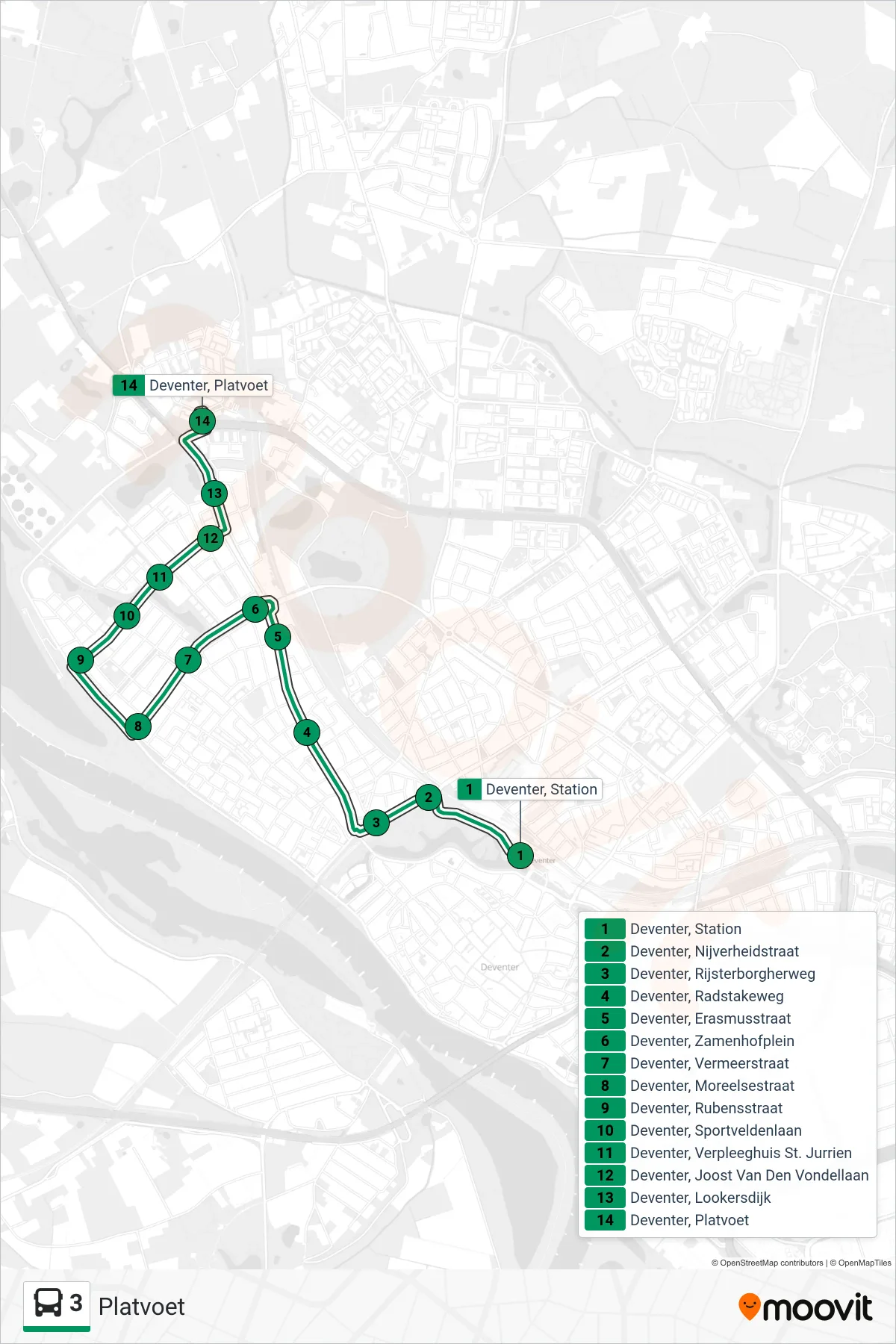 Lijn 3 (bus, Platvoet): route en haltes op de kaart