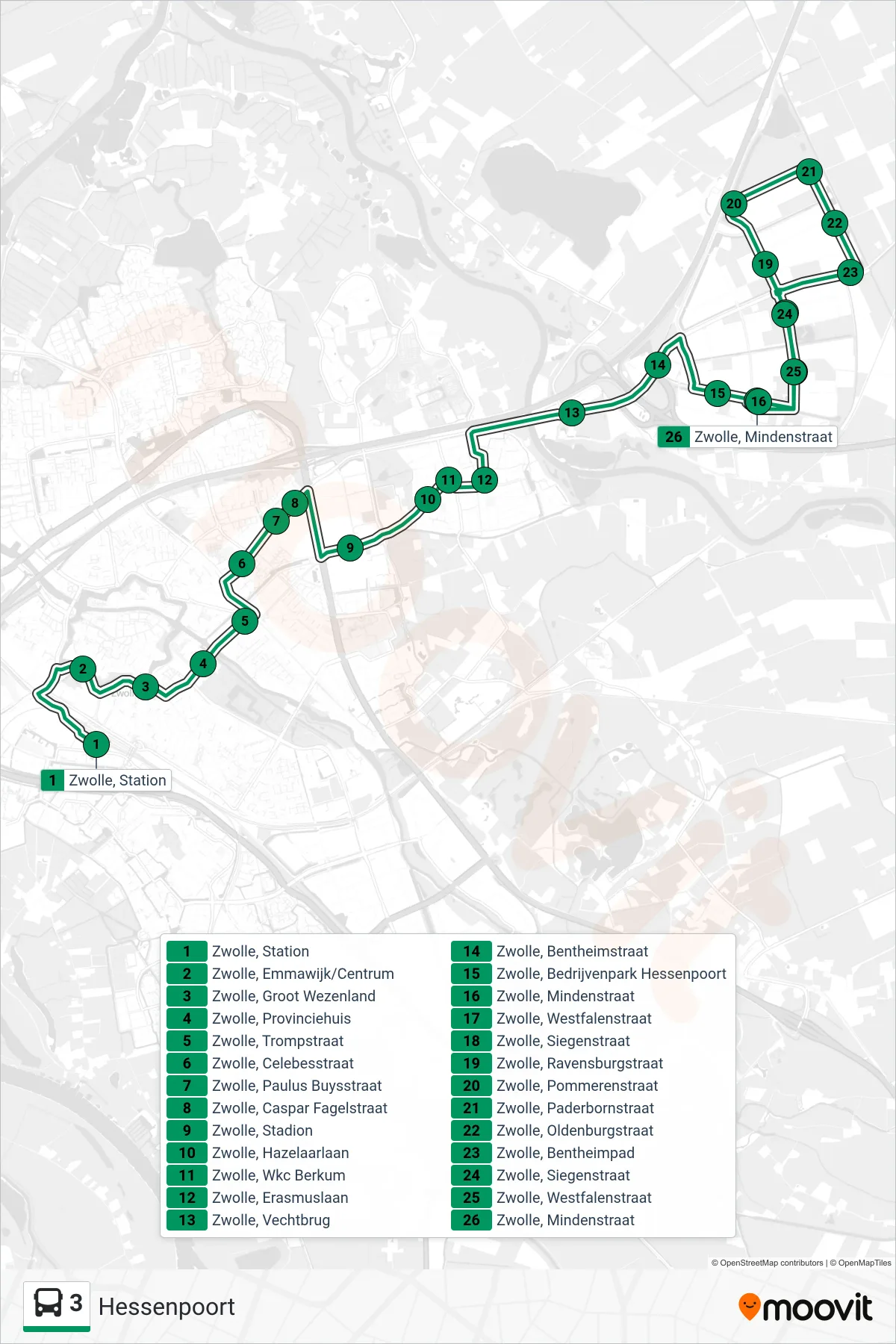 Lijn 3 (bus, Hessenpoort): route en haltes op de kaart
