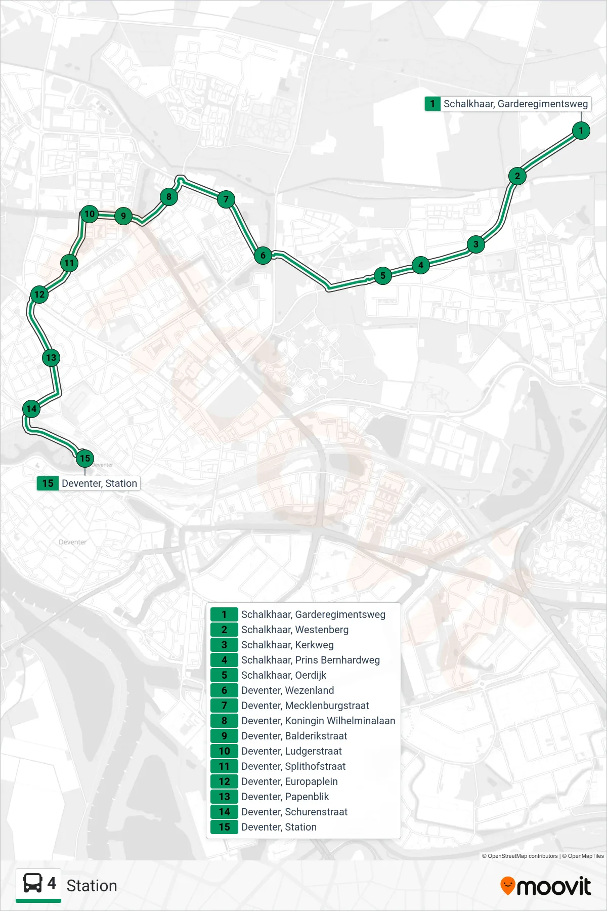 4 bus Line (Station) route and stops on a map