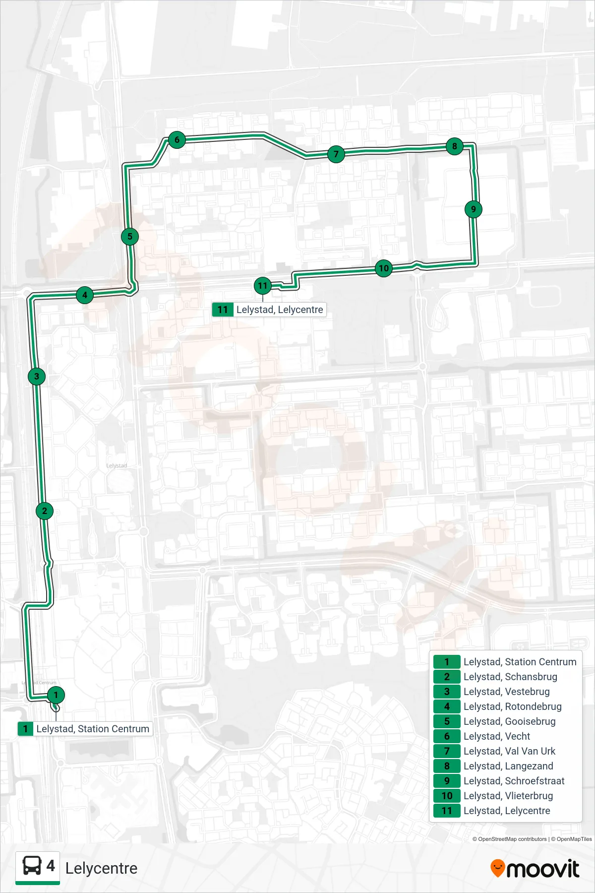 4 bus Line (Lelycentre) route and stops on a map