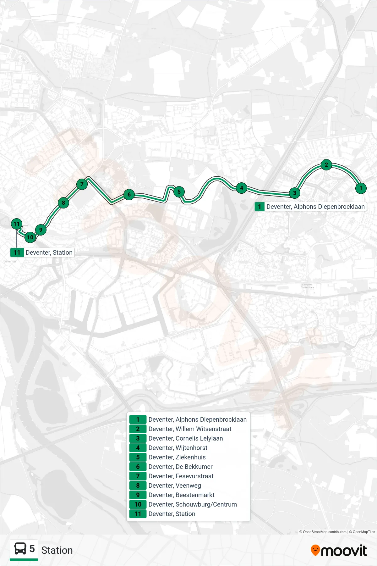 5 bus Line (Station) route and stops on a map