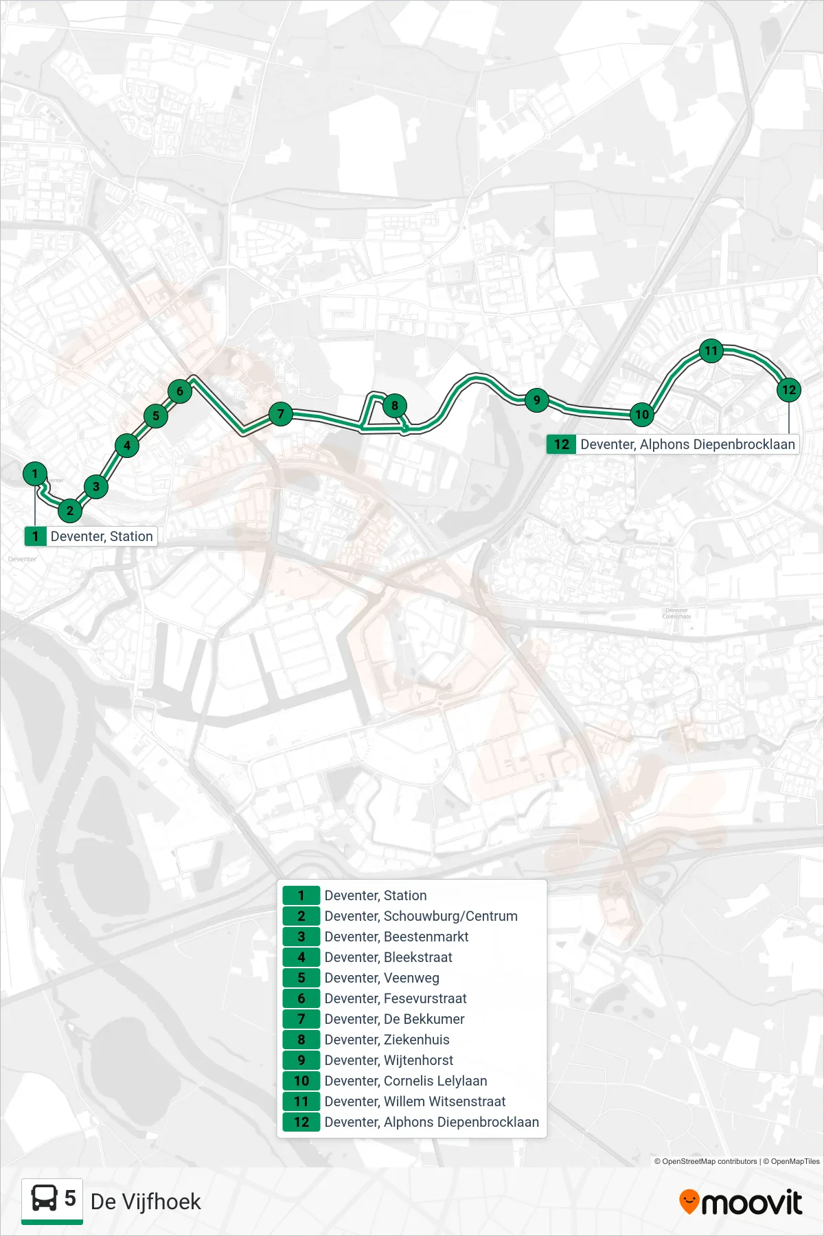 Lijn 5 (bus, De Vijfhoek): route en haltes op de kaart