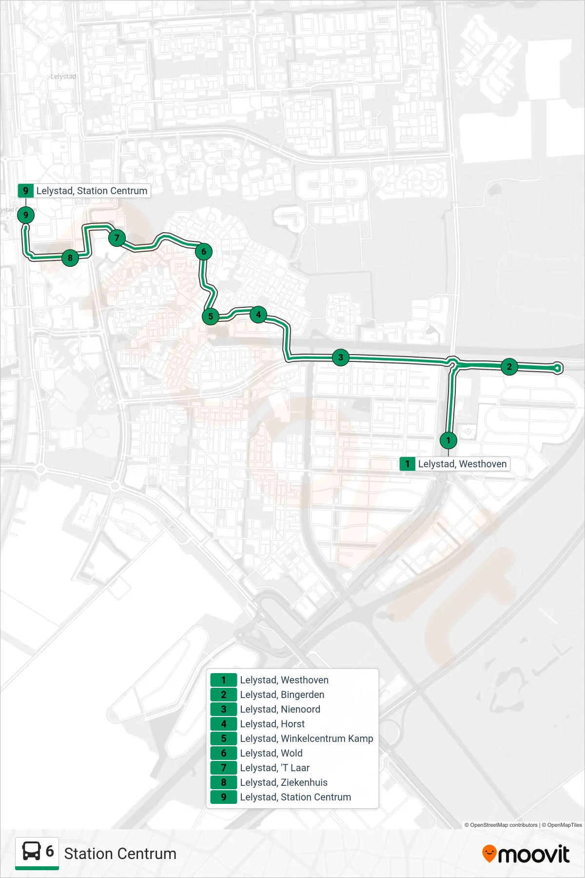 Lijn 6 (bus, Station Centrum): route en haltes op de kaart