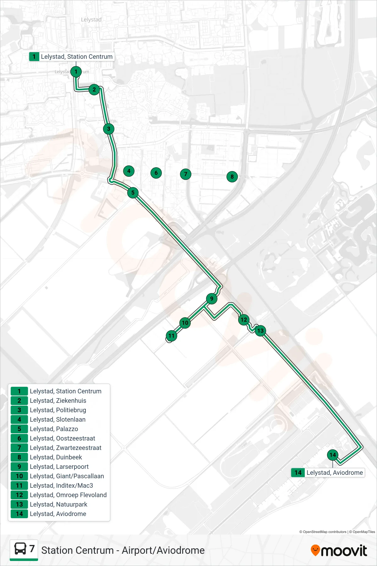7 bus Line (Lelystad Airport) route and stops on a map