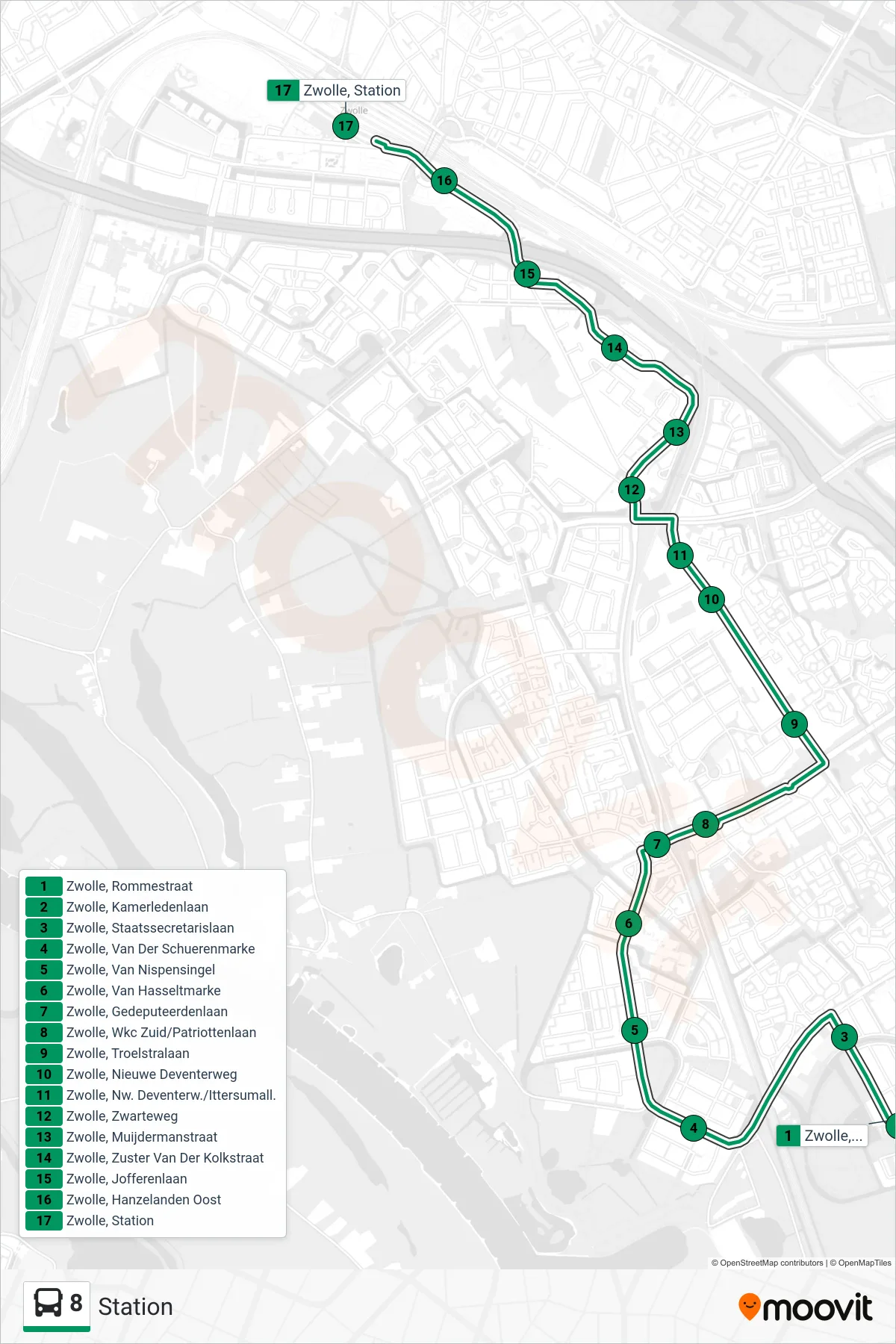 8 bus Line (Station) route and stops on a map