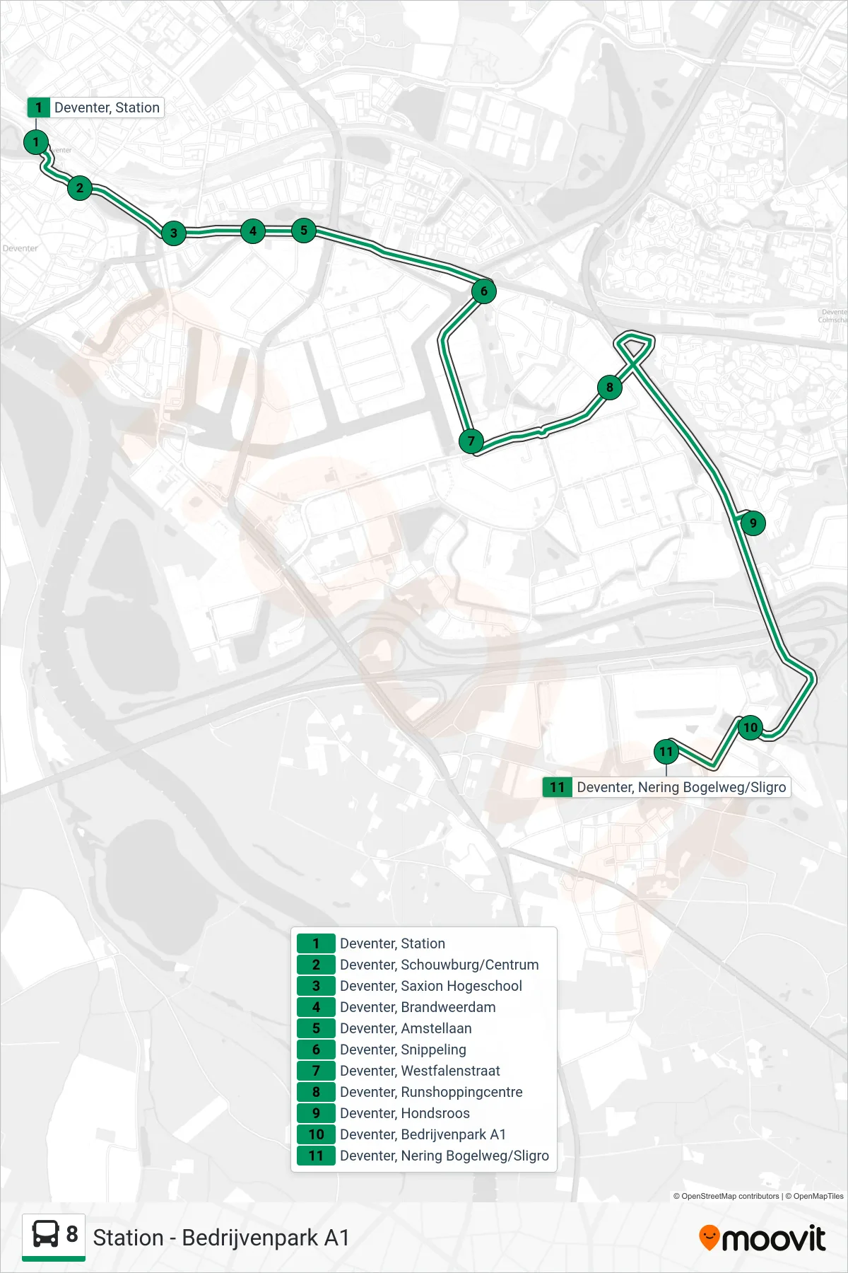 Lijn 8 (bus, Bedrijvenpark A1): route en haltes op de kaart