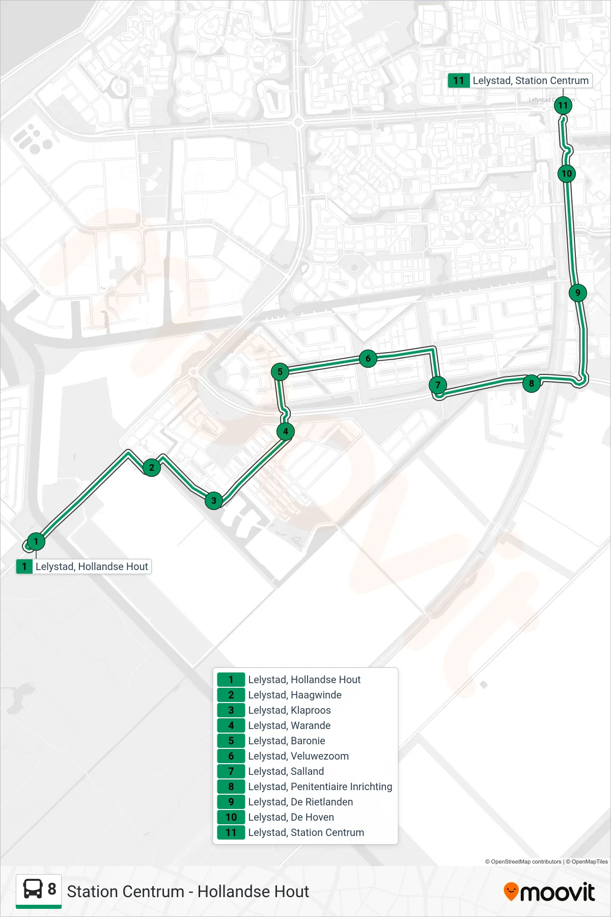 Lijn 8 (bus, Station Centrum): route en haltes op de kaart