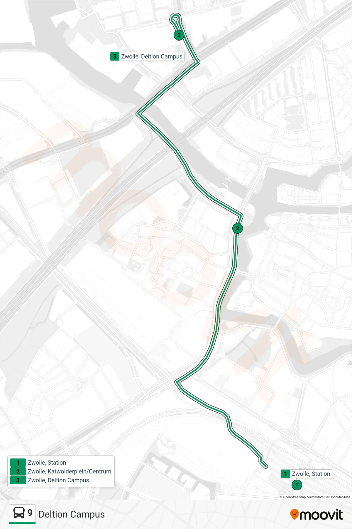 Lijn 9 (bus, Deltion Campus): route en haltes op de kaart