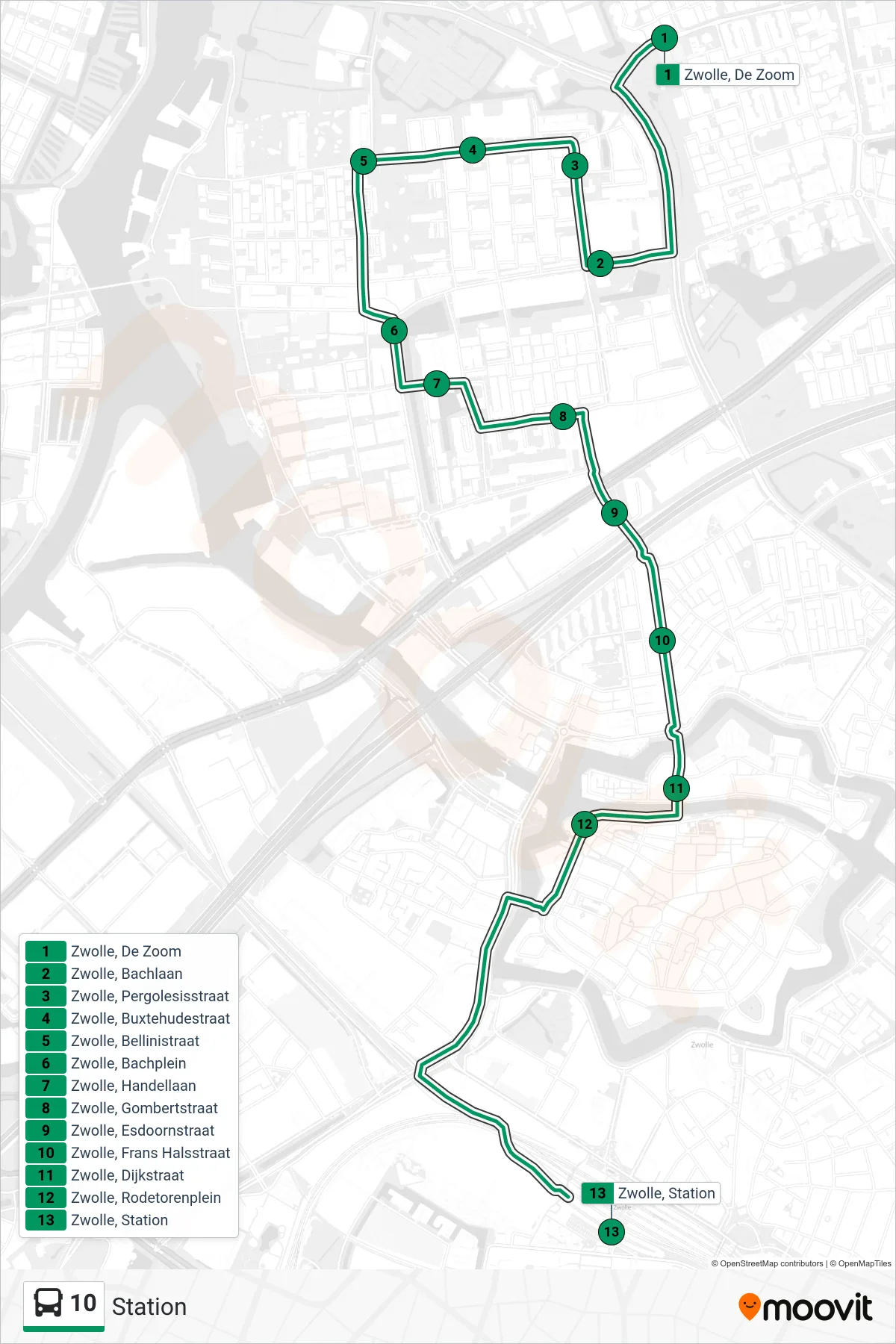 10 bus Line (Station) route and stops on a map