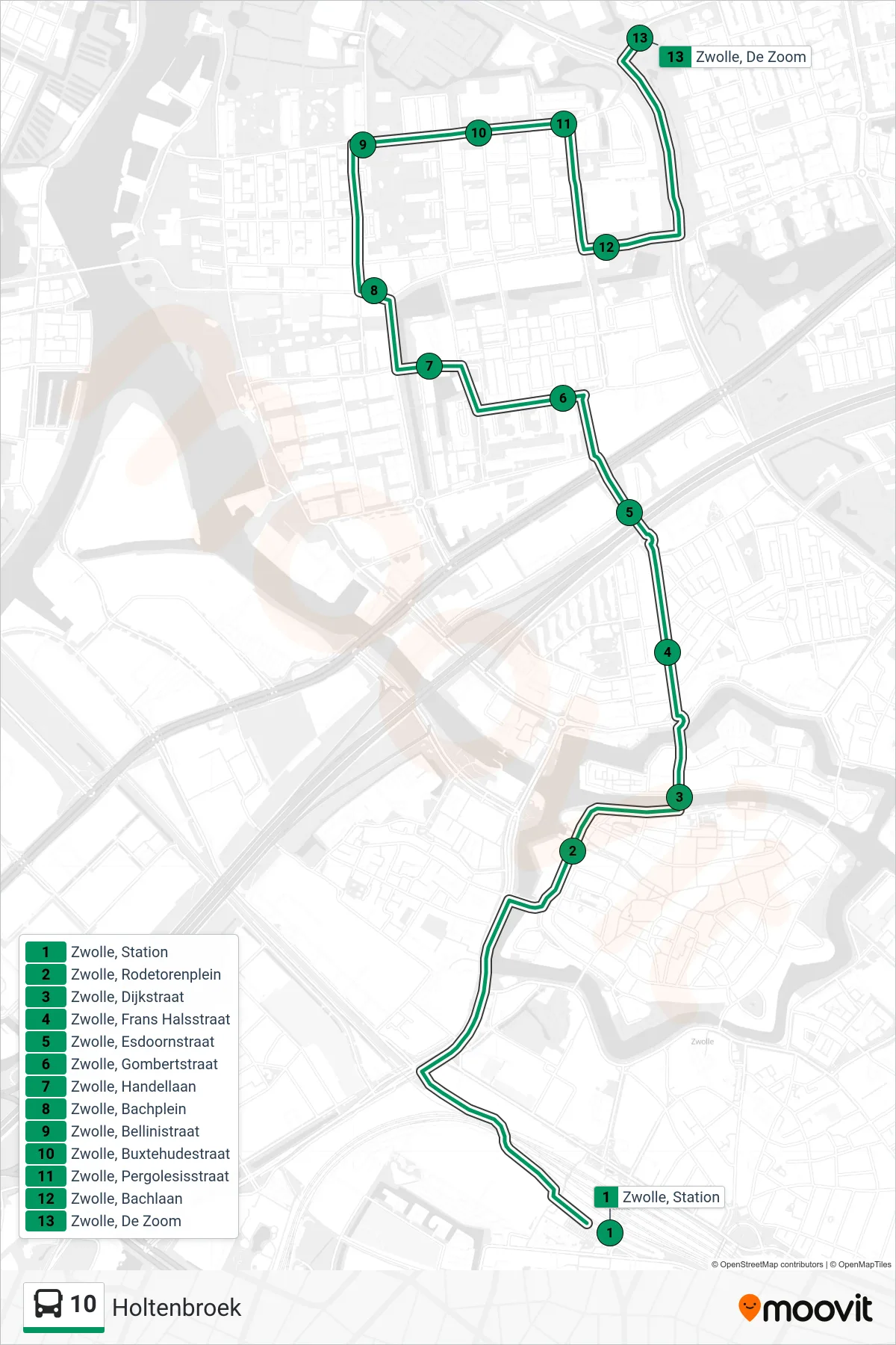 Lijn 10 (bus, Holtenbroek): route en haltes op de kaart