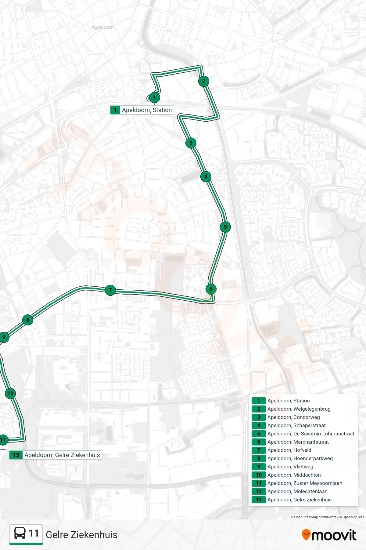 Lijn 11 (bus, Gelre Ziekenhuis): route en haltes op de kaart