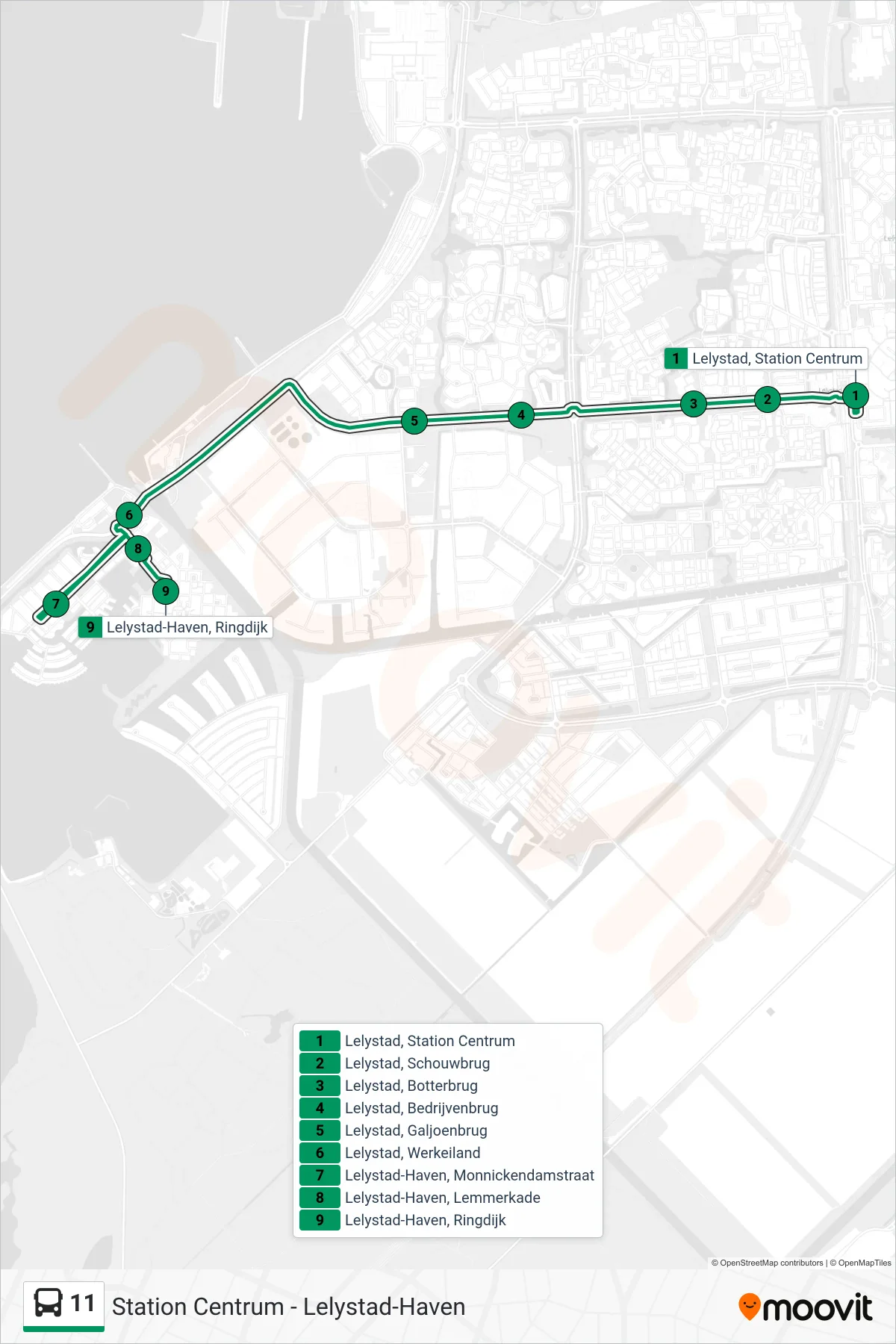Lijn 11 (bus, Lelystad Haven): route en haltes op de kaart