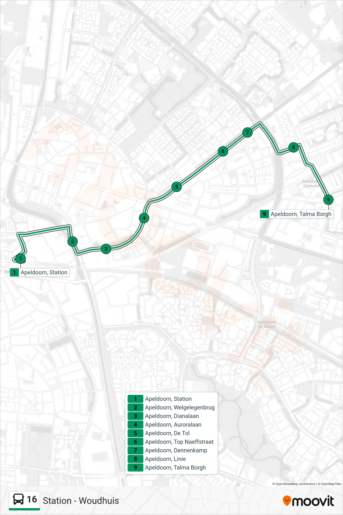 Lijn 16 (bus, Woudhuis): route en haltes op de kaart