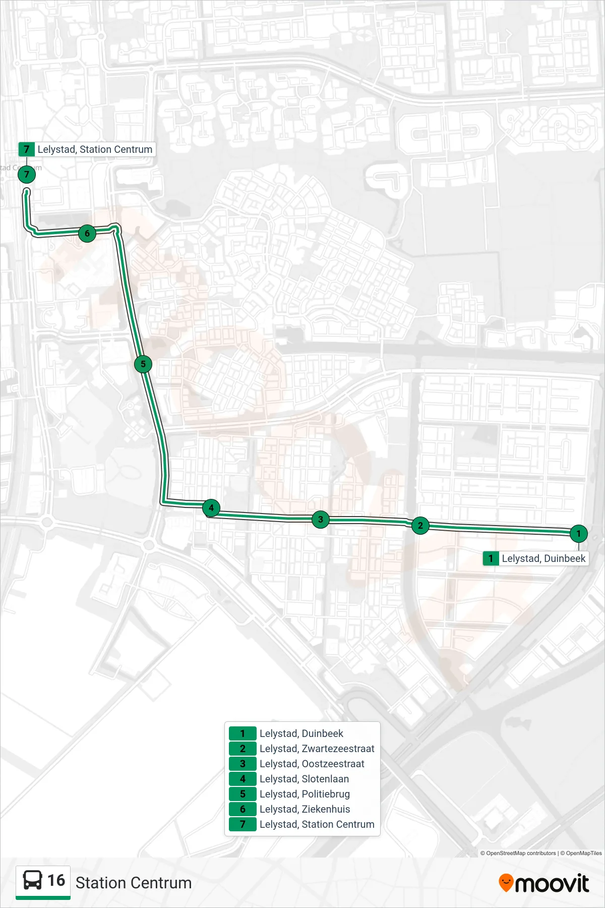 Lijn 16 (bus, Station Centrum): route en haltes op de kaart