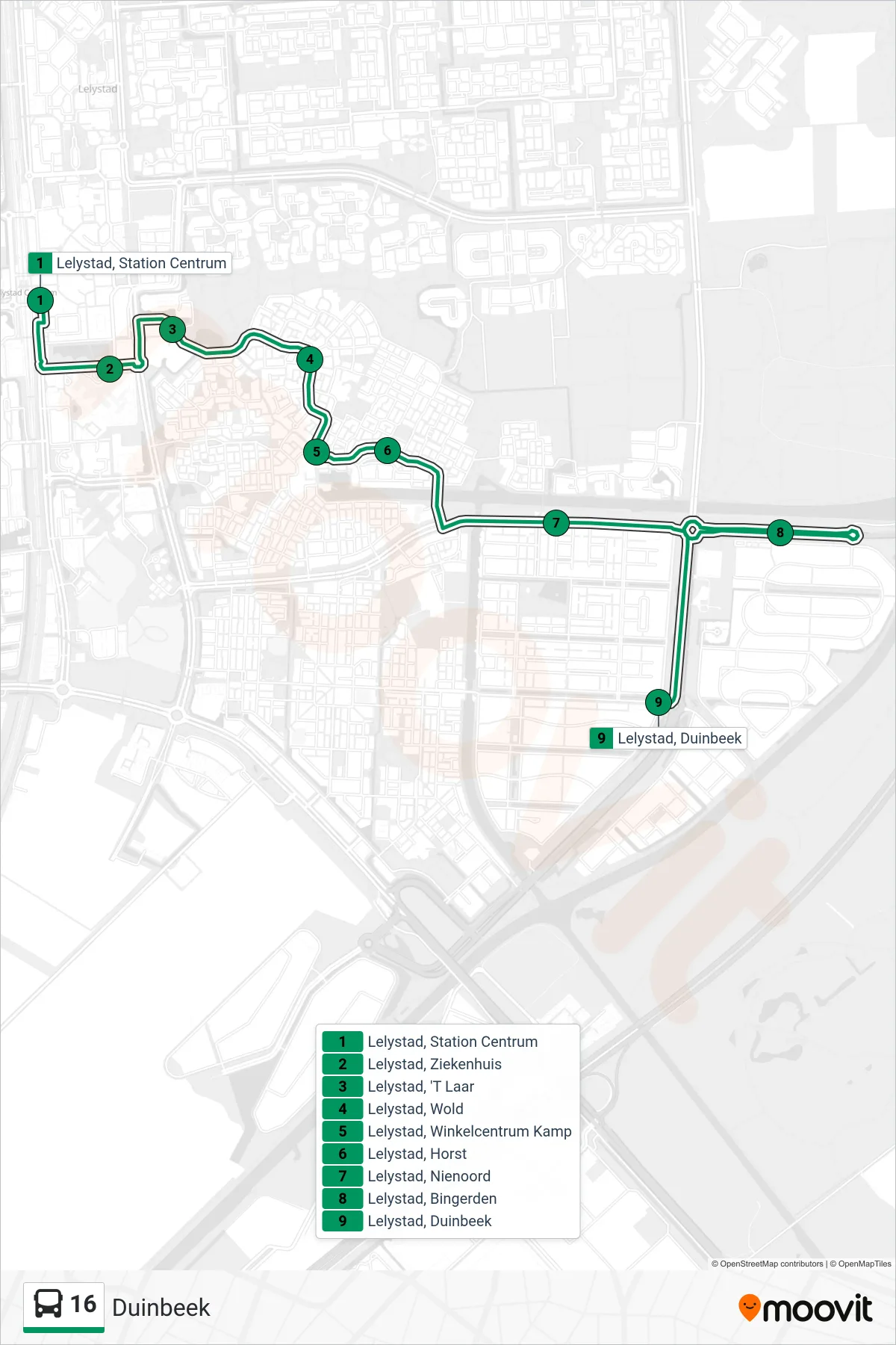 Lijn 16 (bus, Duinbeek): route en haltes op de kaart