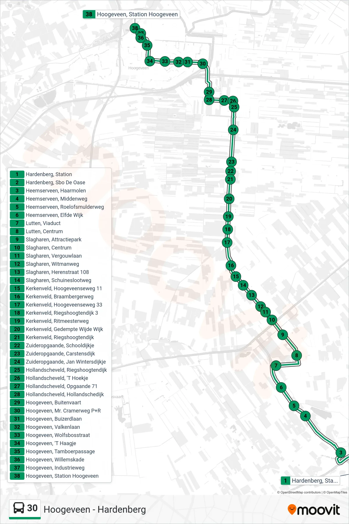 30 bus Line (Hoogeveen) route and stops on a map