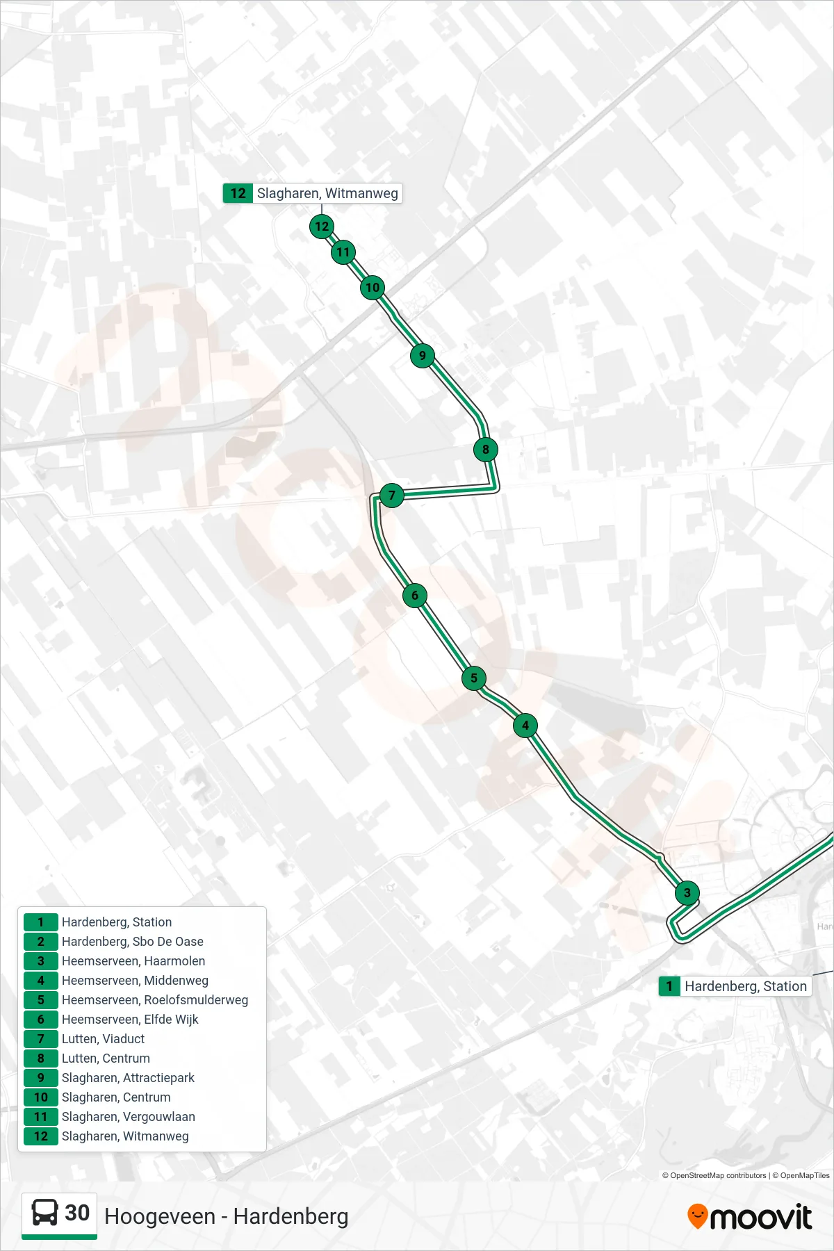 Lijn 30 (bus, Slagharen): route en haltes op de kaart