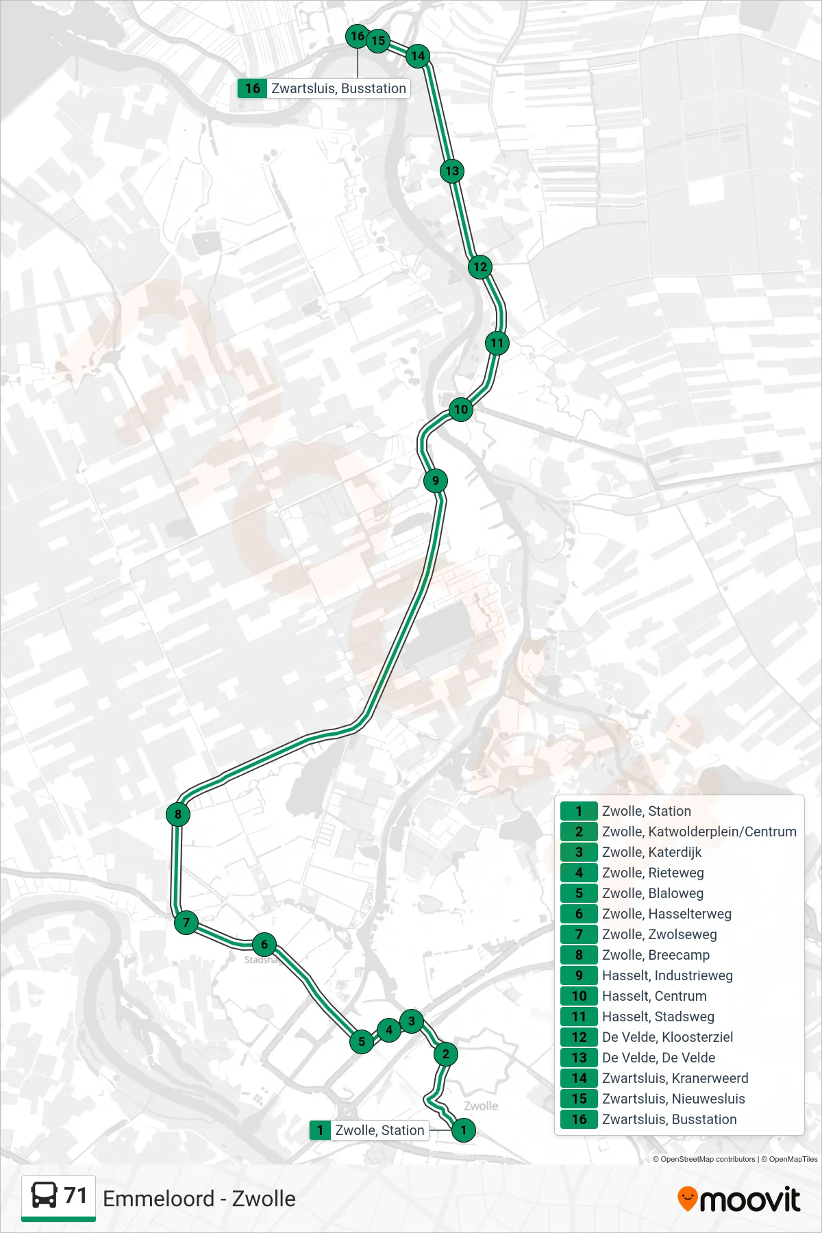 Lijn 71 (bus, Zwartsluis): route en haltes op de kaart
