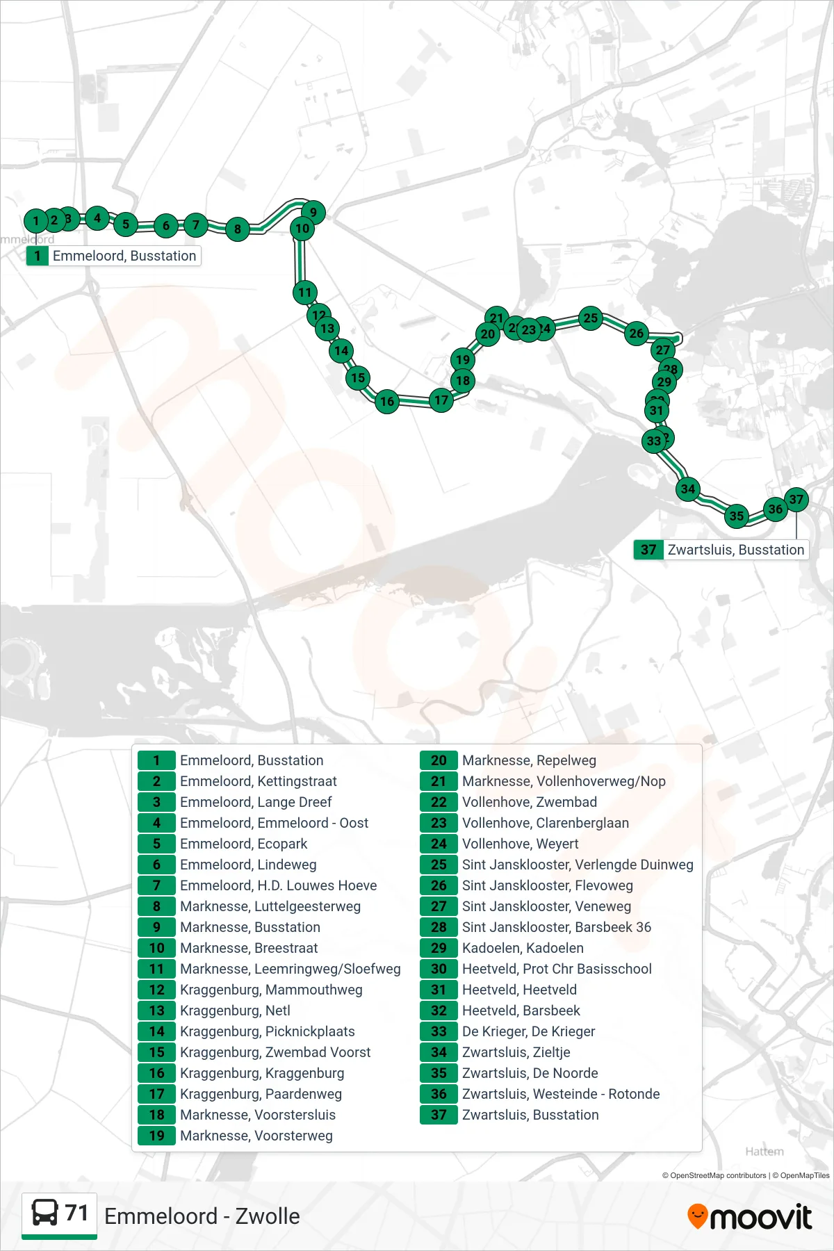 Lijn 71 (bus, Zwartsluis): route en haltes op de kaart