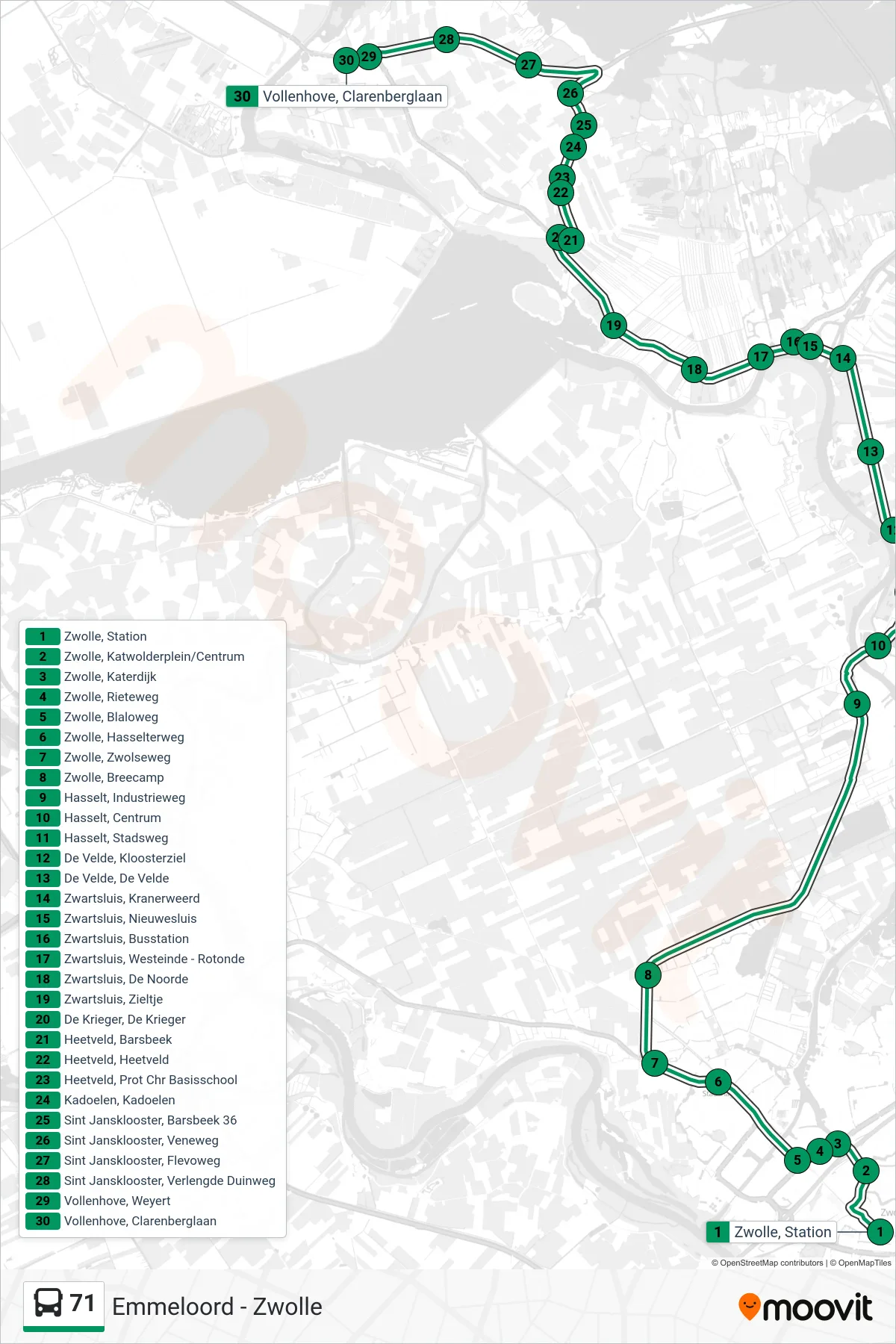 Lijn 71 (bus, Vollenhove): route en haltes op de kaart