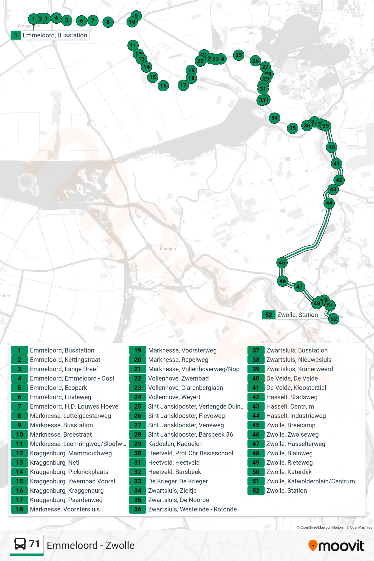 Lijn 71 (bus, Zwolle): route en haltes op de kaart