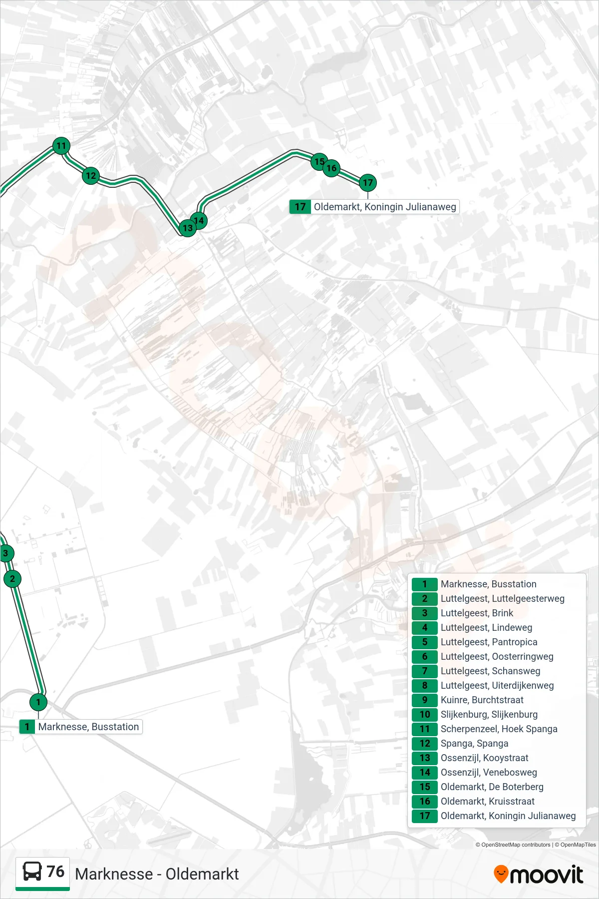 76 bus Line (Oldemarkt) route and stops on a map