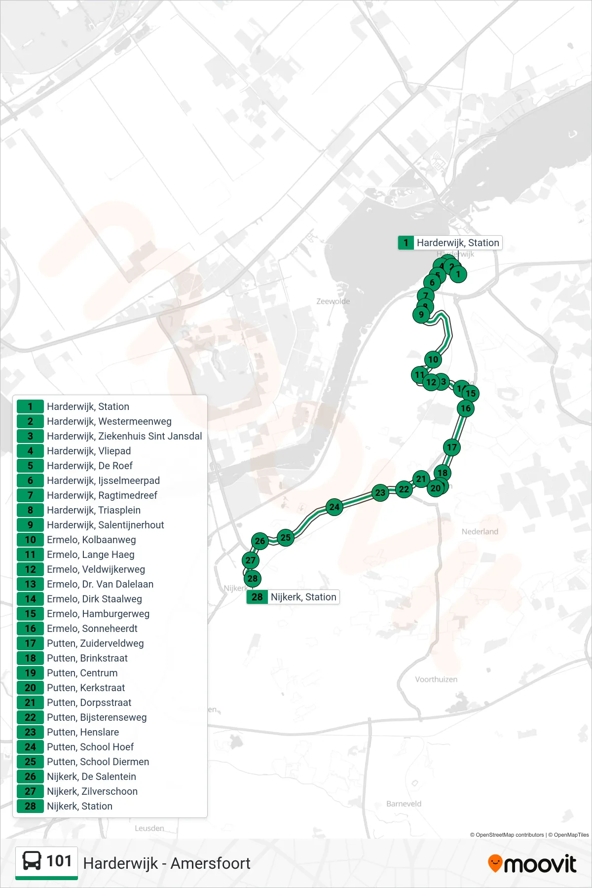 Lijn 101 (bus, Nijkerk): route en haltes op de kaart
