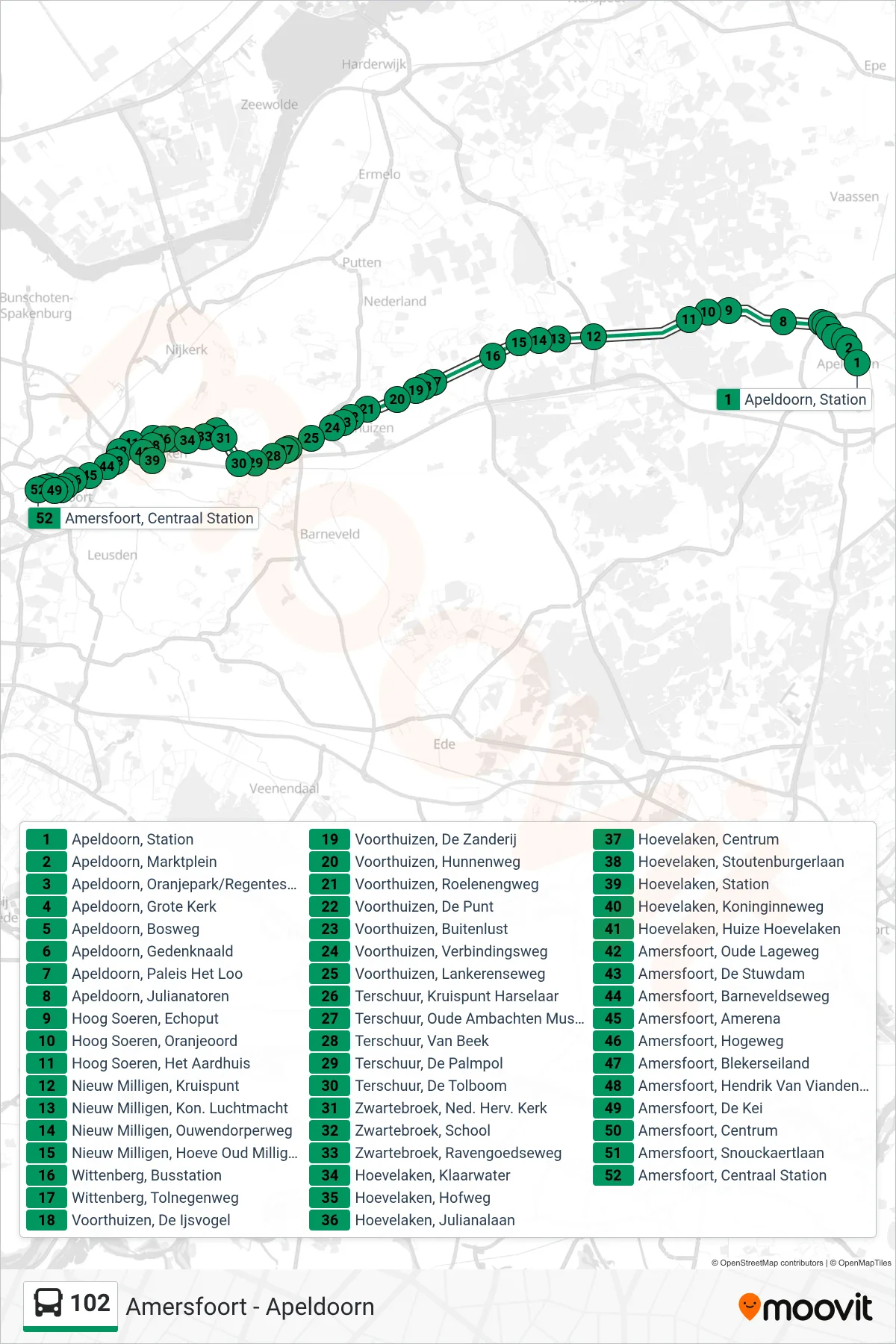 Lijn 102 (bus, Amersfoort): route en haltes op de kaart