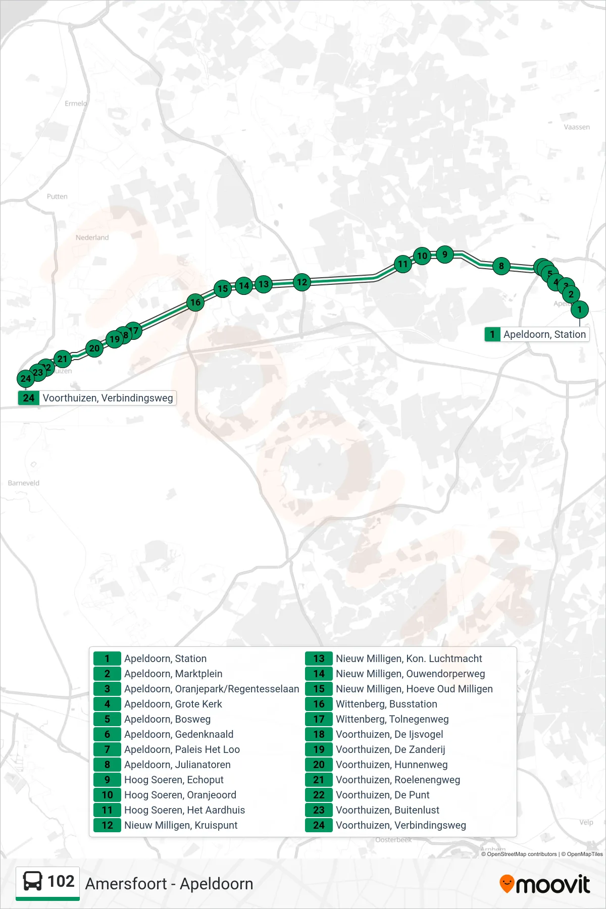 102 bus Line (Voorthuizen) route and stops on a map