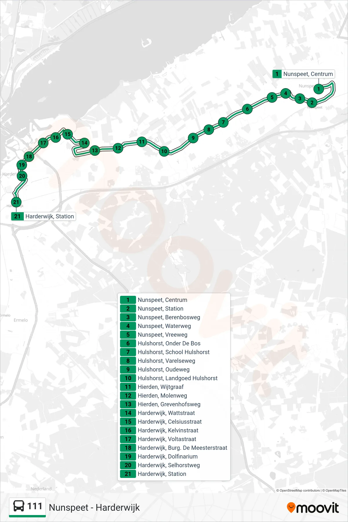 Lijn 111 (bus, Harderwijk): route en haltes op de kaart
