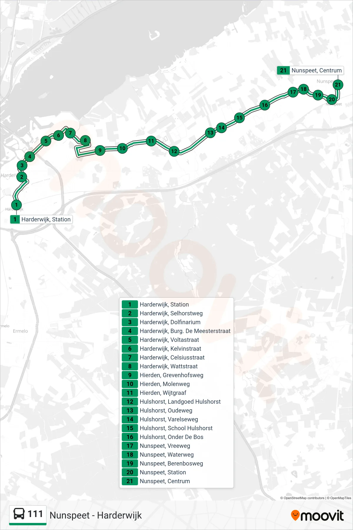 Lijn 111 (bus, Nunspeet): route en haltes op de kaart