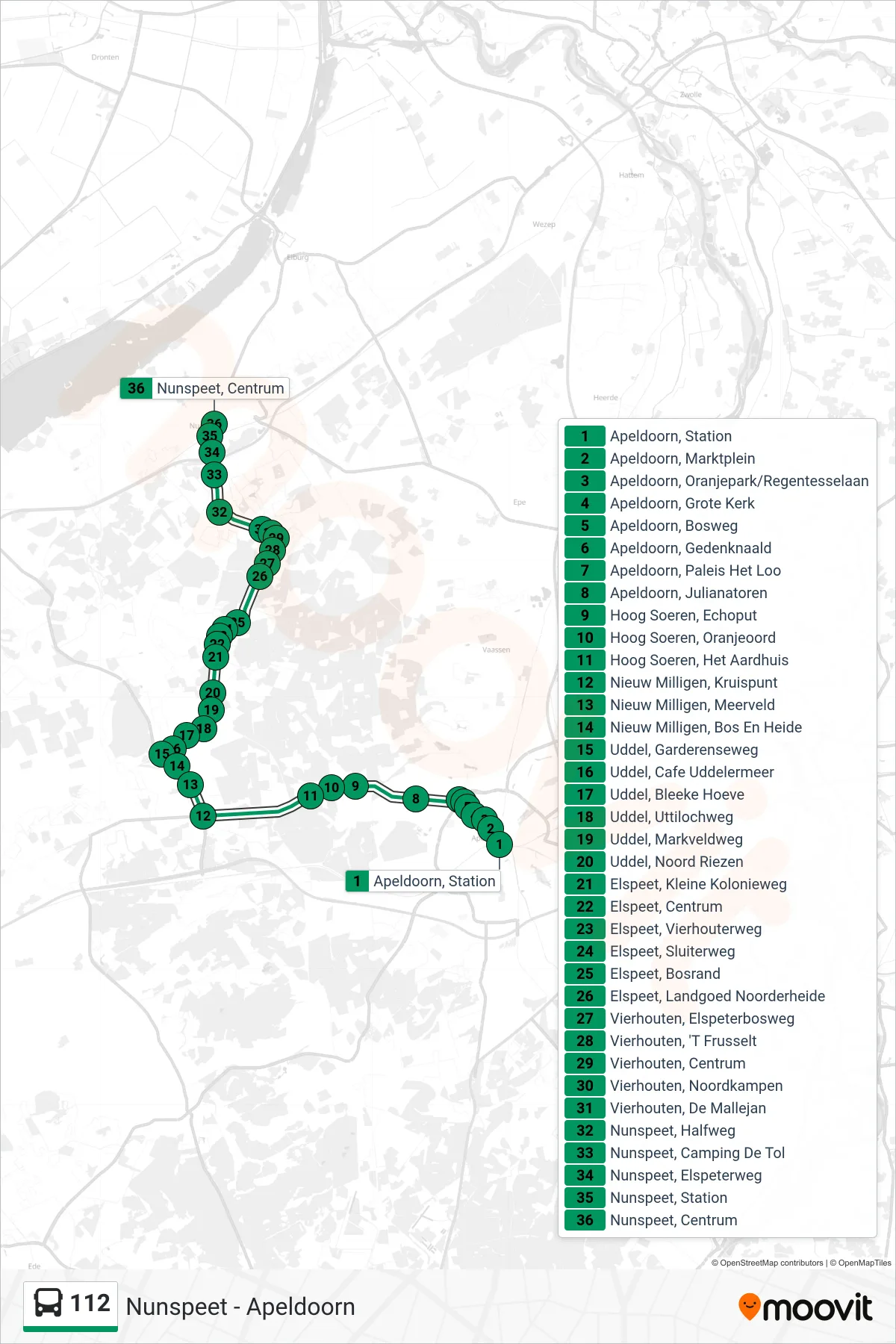 Lijn 112 (bus, Nunspeet): route en haltes op de kaart