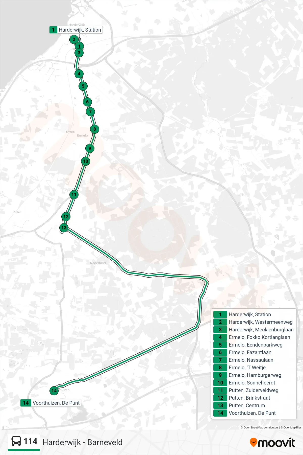 Lijn 114 (bus, Voorthuizen): route en haltes op de kaart