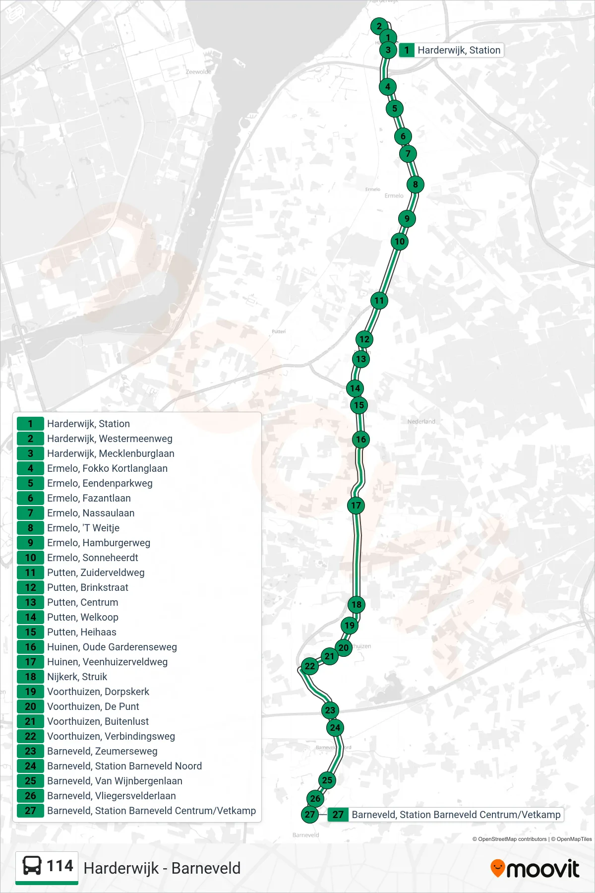 Lijn 114 (bus, Barneveld): route en haltes op de kaart